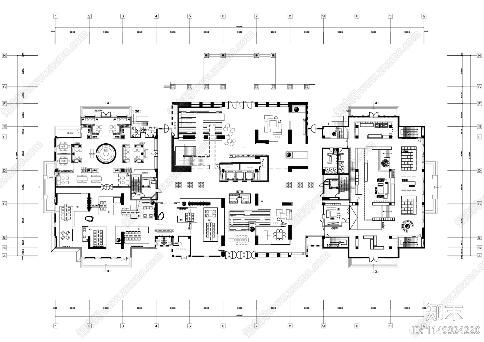 商务接待会所平面布置图cad施工图下载【ID:1149924220】