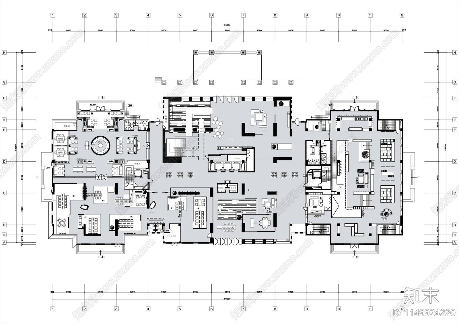 商务接待会所平面布置图cad施工图下载【ID:1149924220】