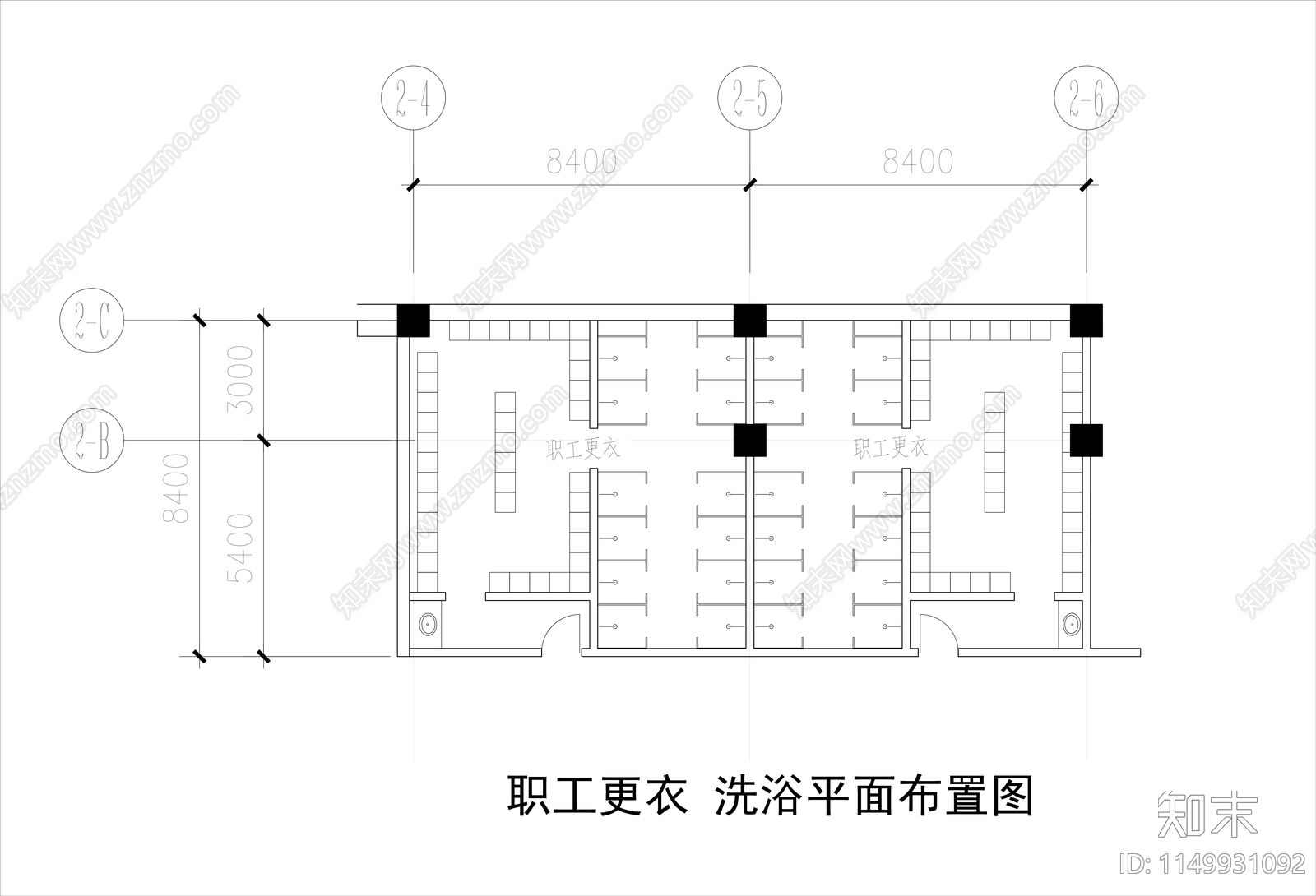 员工更衣室淋浴间平面布置图施工图下载【ID:1149931092】