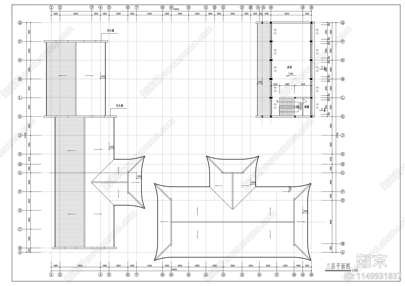 某三层仿古茶馆会所建筑cad施工图下载【ID:1149931837】
