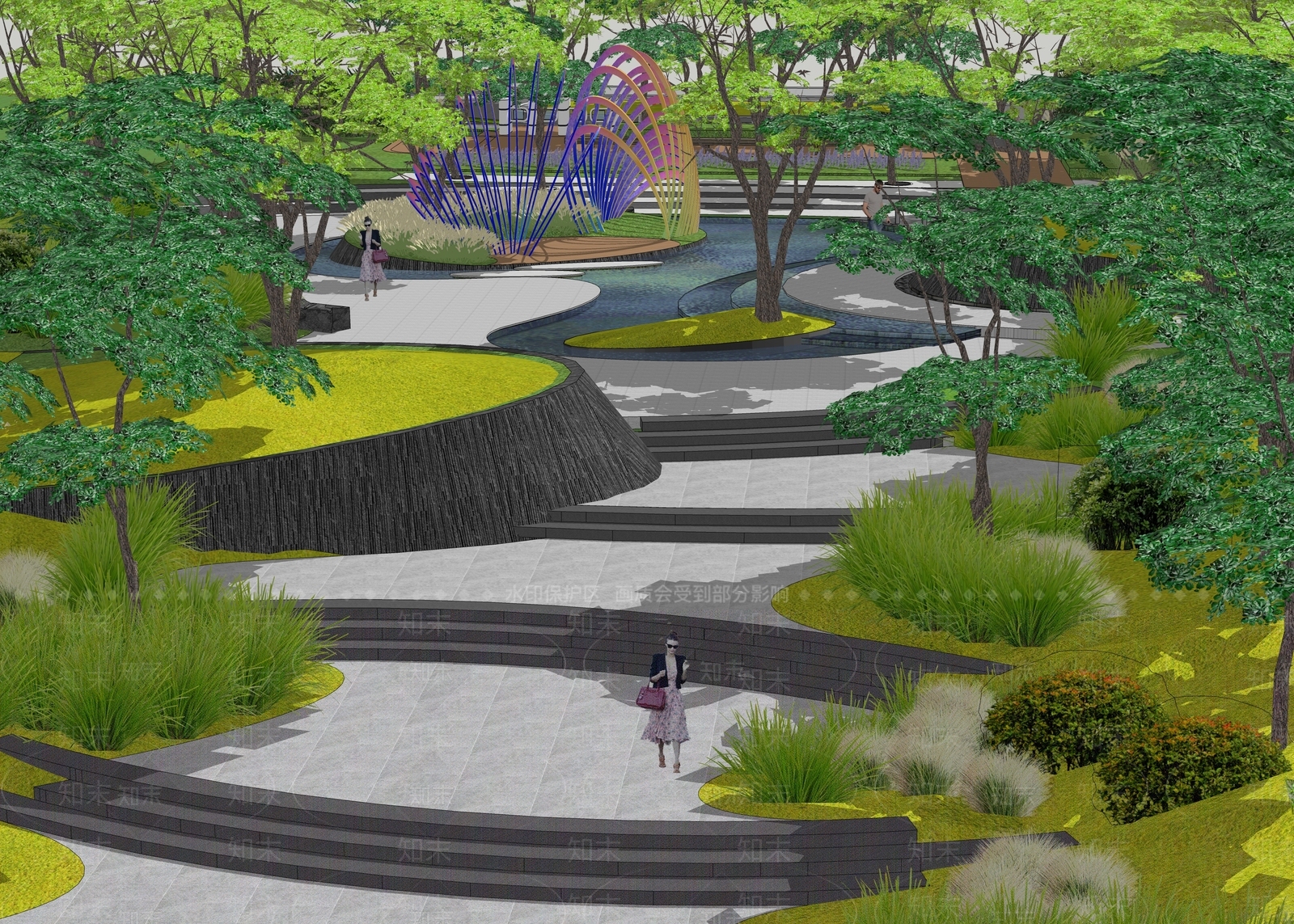 现代台阶水景SU模型下载【ID:1149932372】