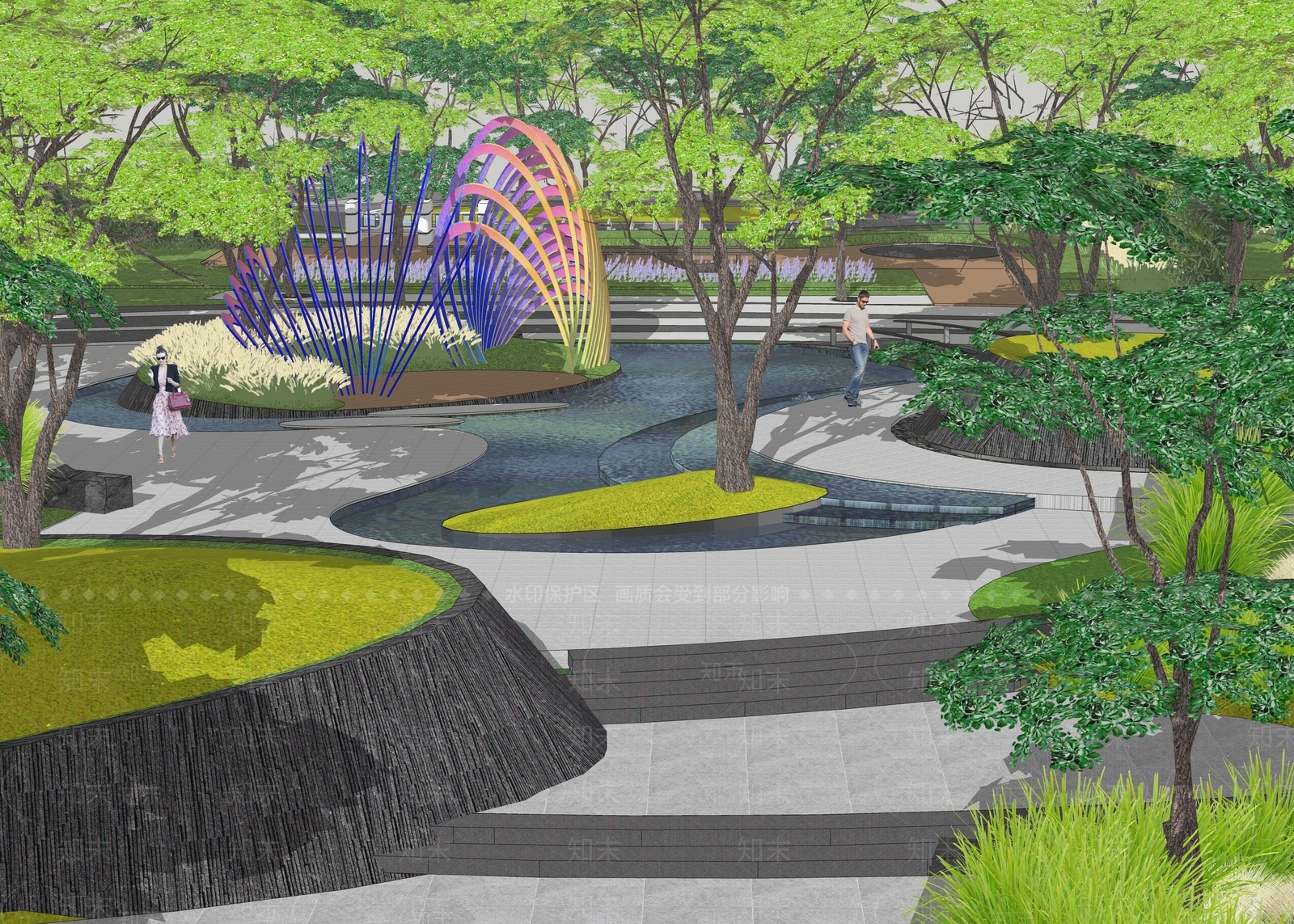现代台阶水景SU模型下载【ID:1149932372】