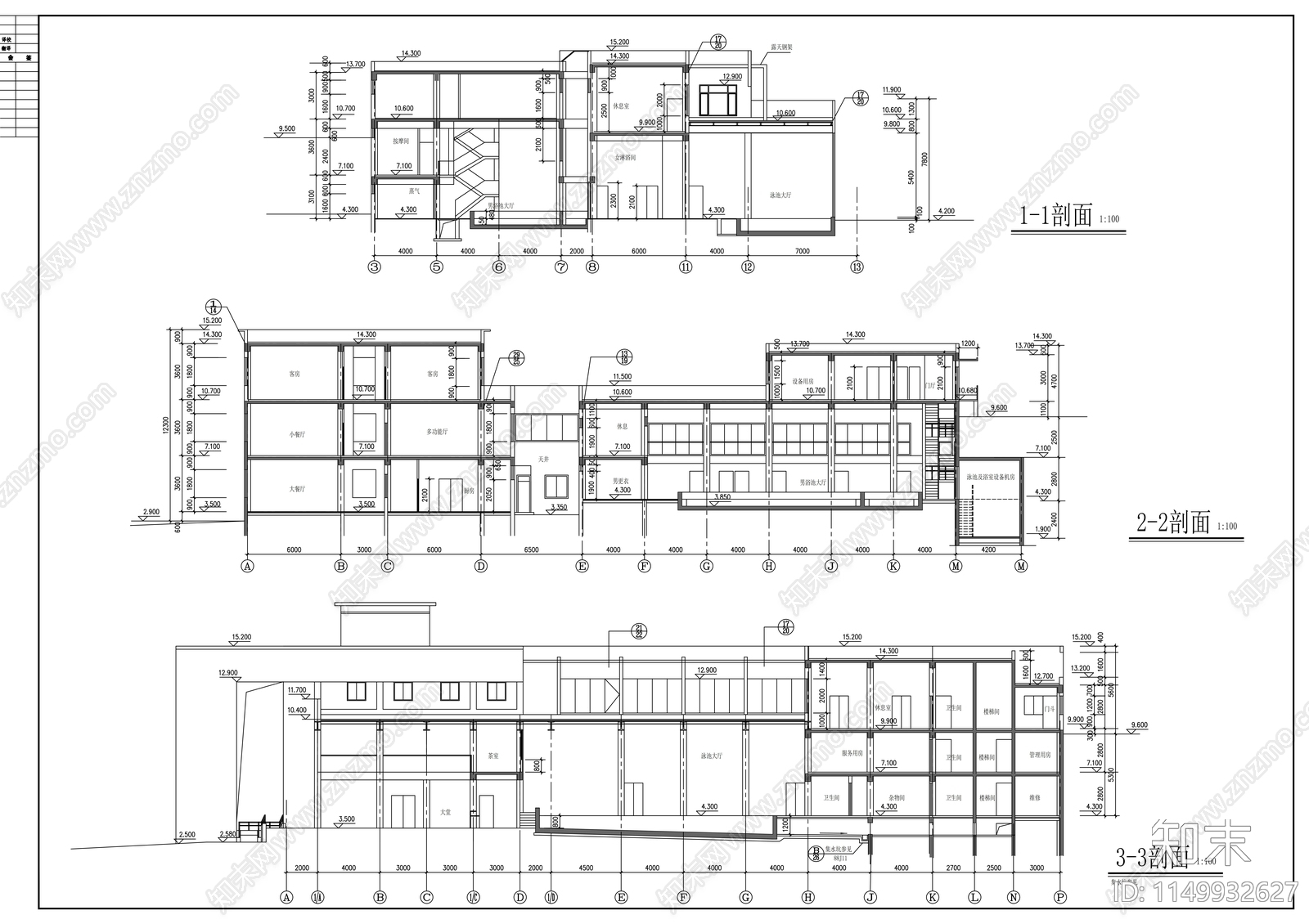 三层温泉会所建筑cad施工图下载【ID:1149932627】