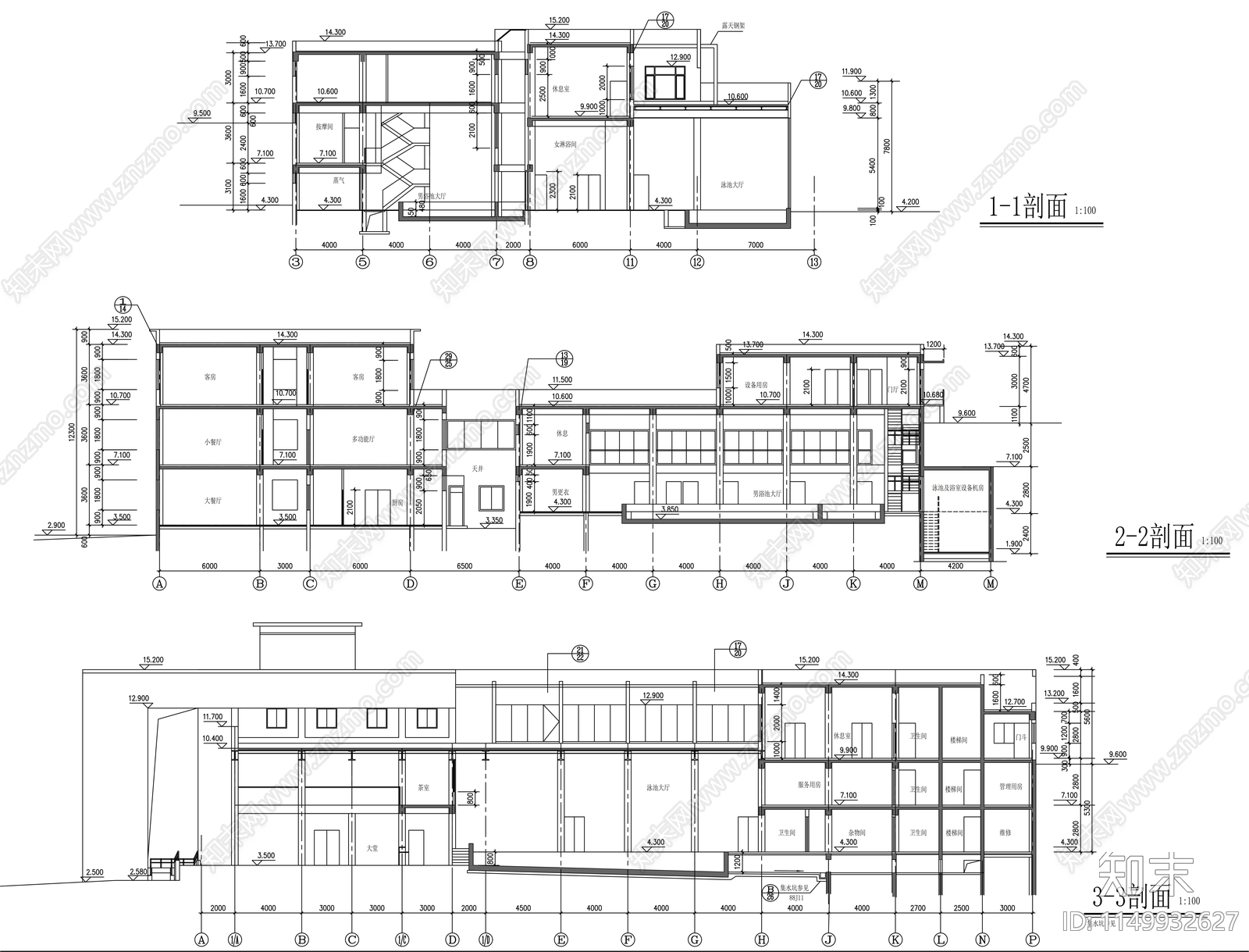 三层温泉会所建筑cad施工图下载【ID:1149932627】