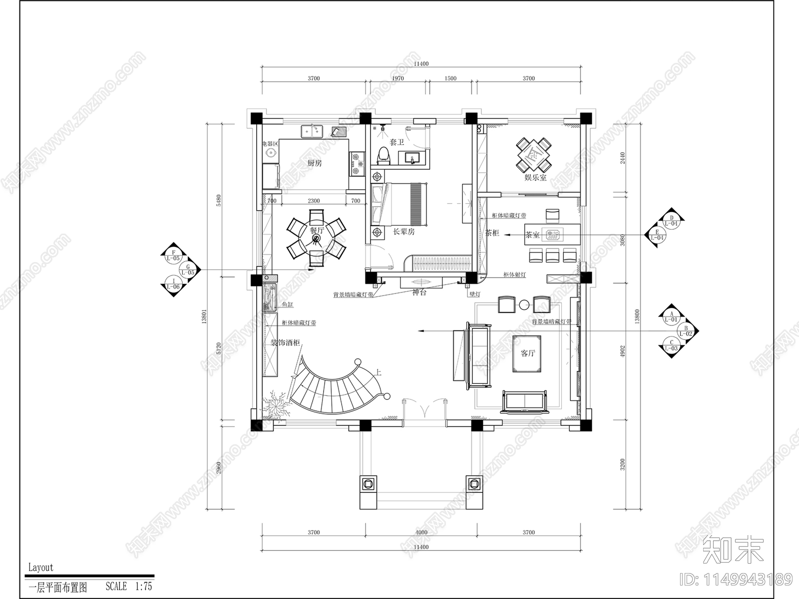 别墅室内总平图cad施工图下载【ID:1149943189】