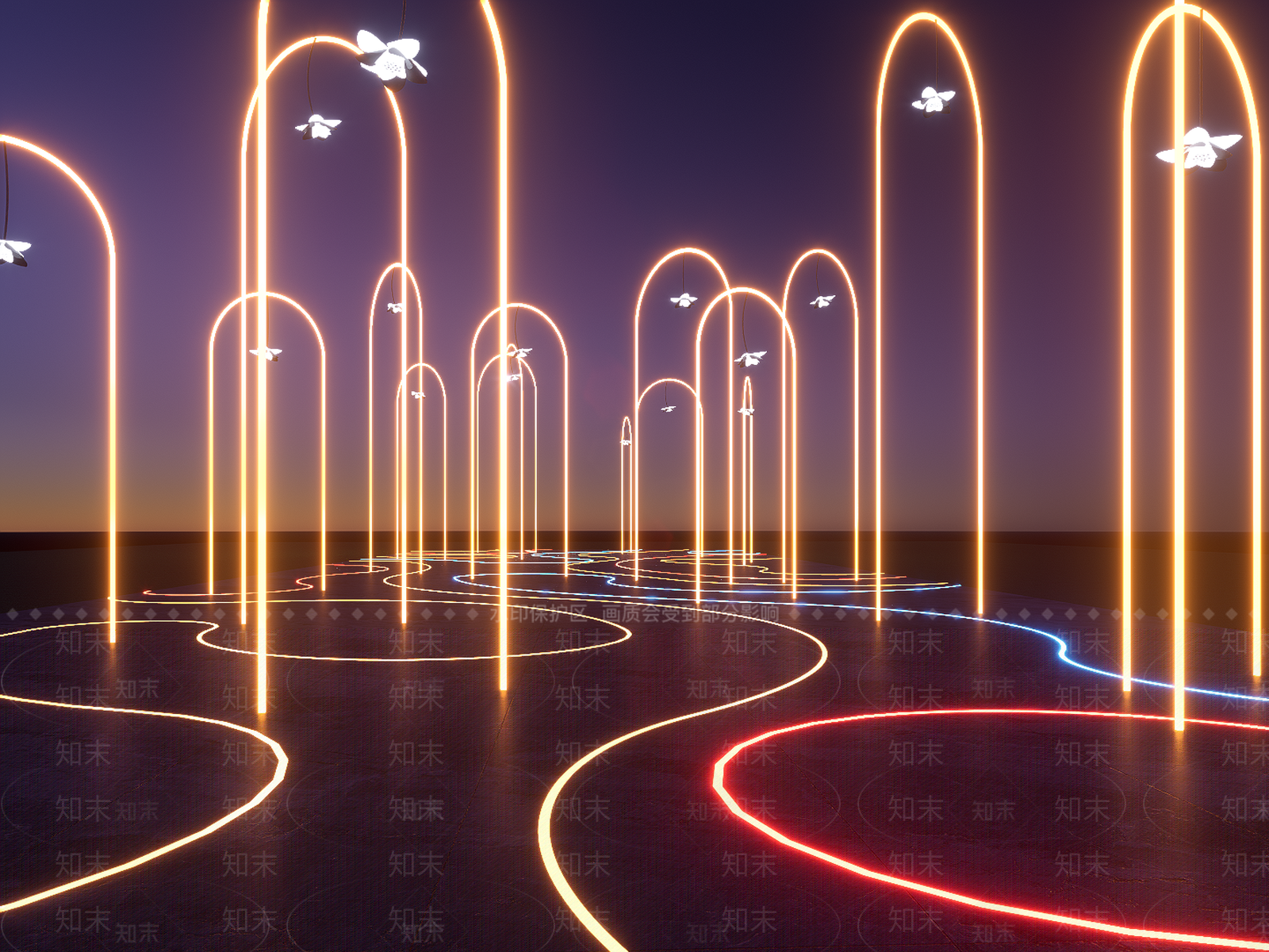 现代流线广场氛围灯光SU模型下载【ID:1149957703】