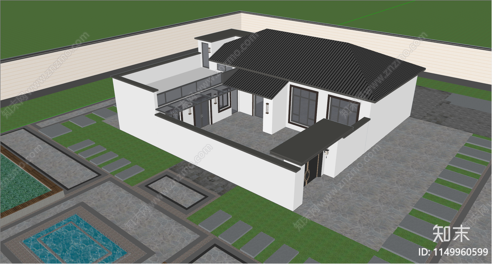 新中式四合院SU模型下载【ID:1149960599】