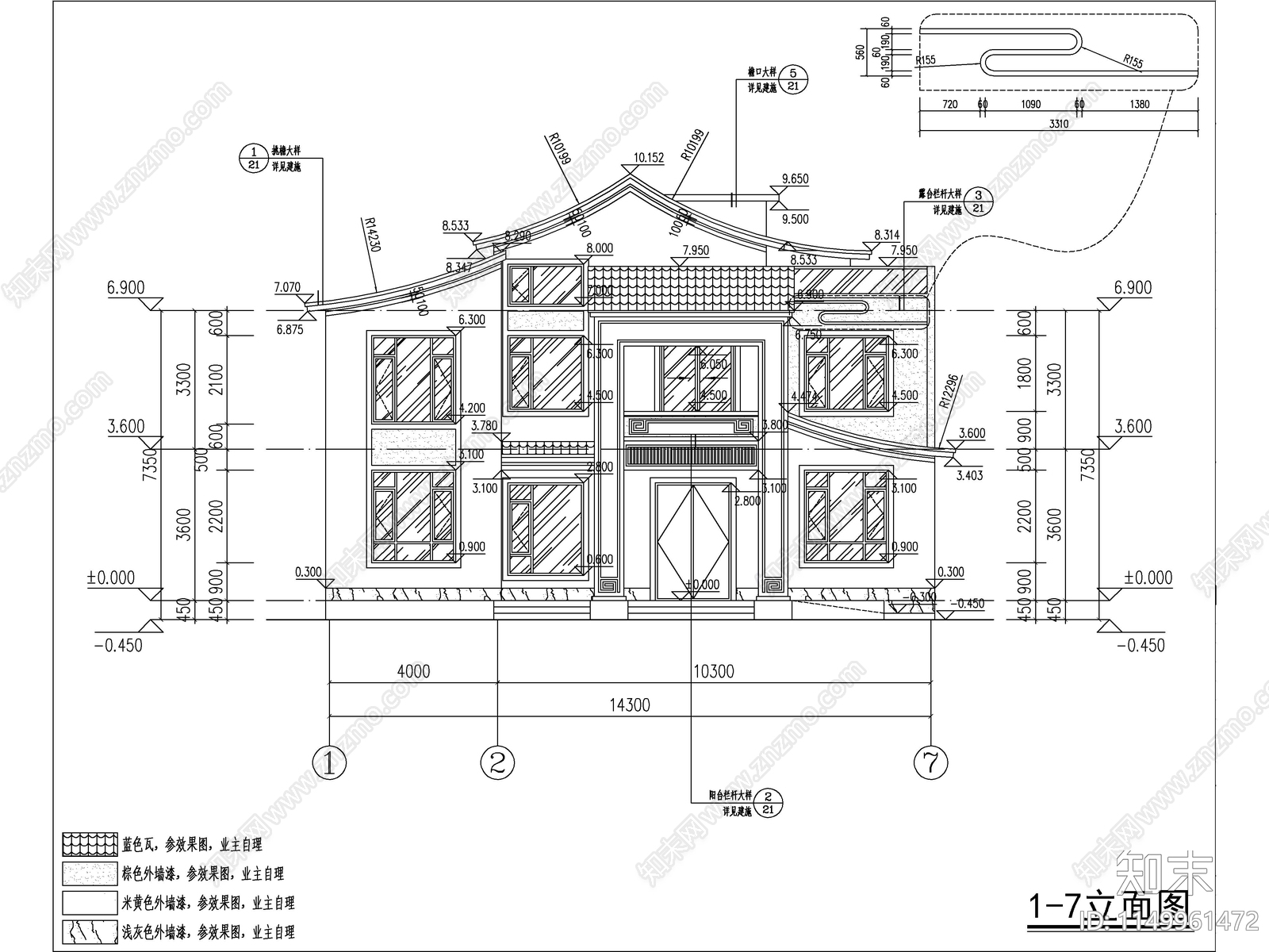 中式两层独栋别墅建筑cad施工图下载【ID:1149961472】