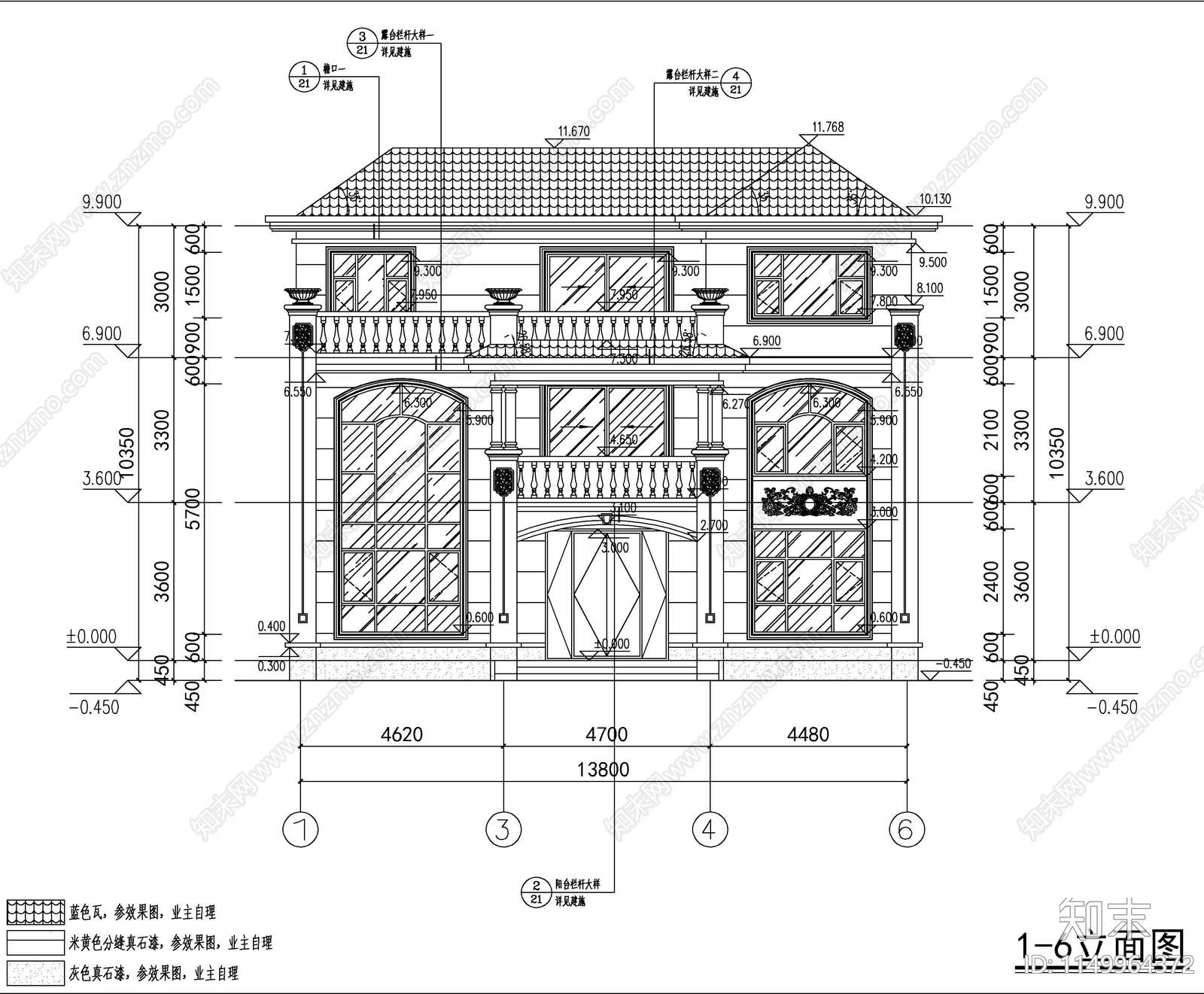 欧式独栋别墅建筑cad施工图下载【ID:1149964372】