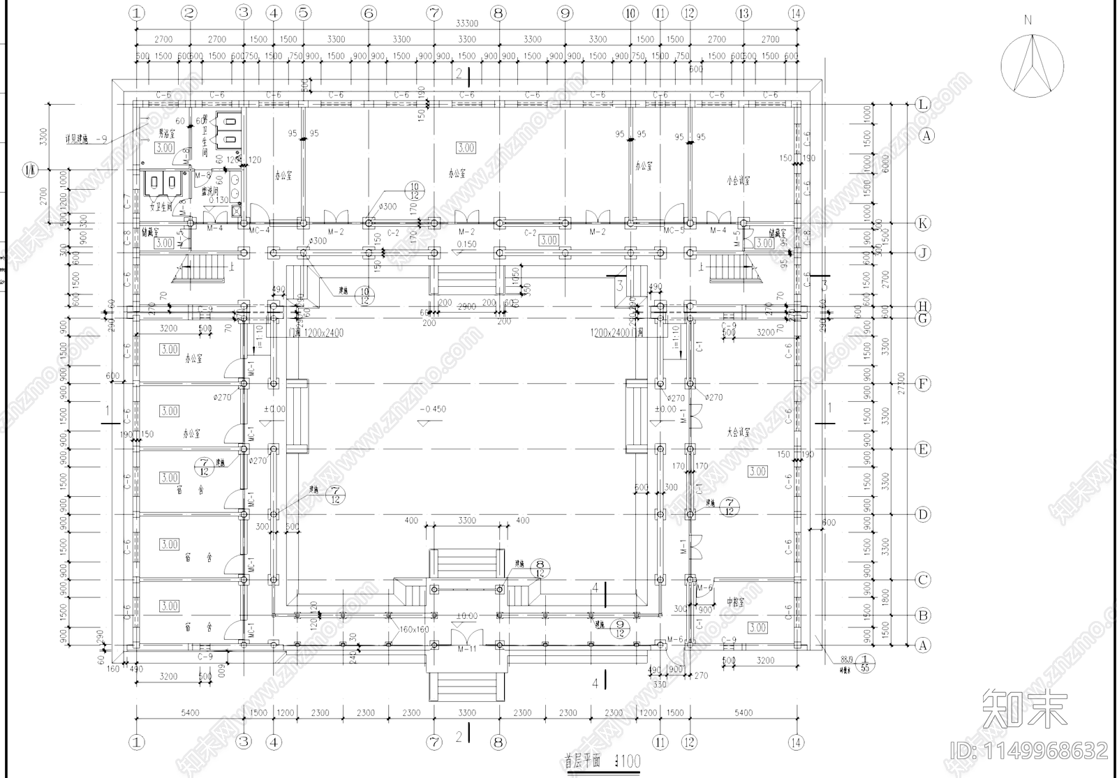 中式四合院办公楼仿古建筑cad施工图下载【ID:1149968632】