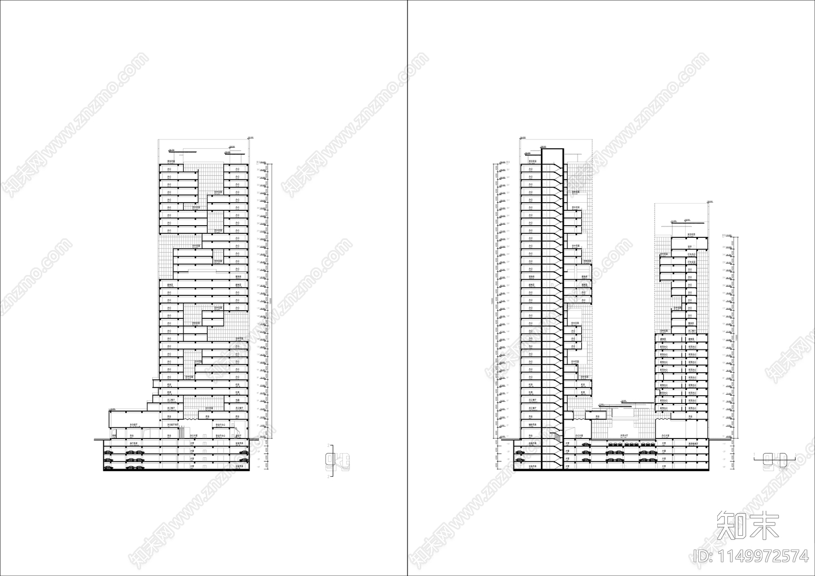 超高层双子塔楼各层室内cad施工图下载【ID:1149972574】