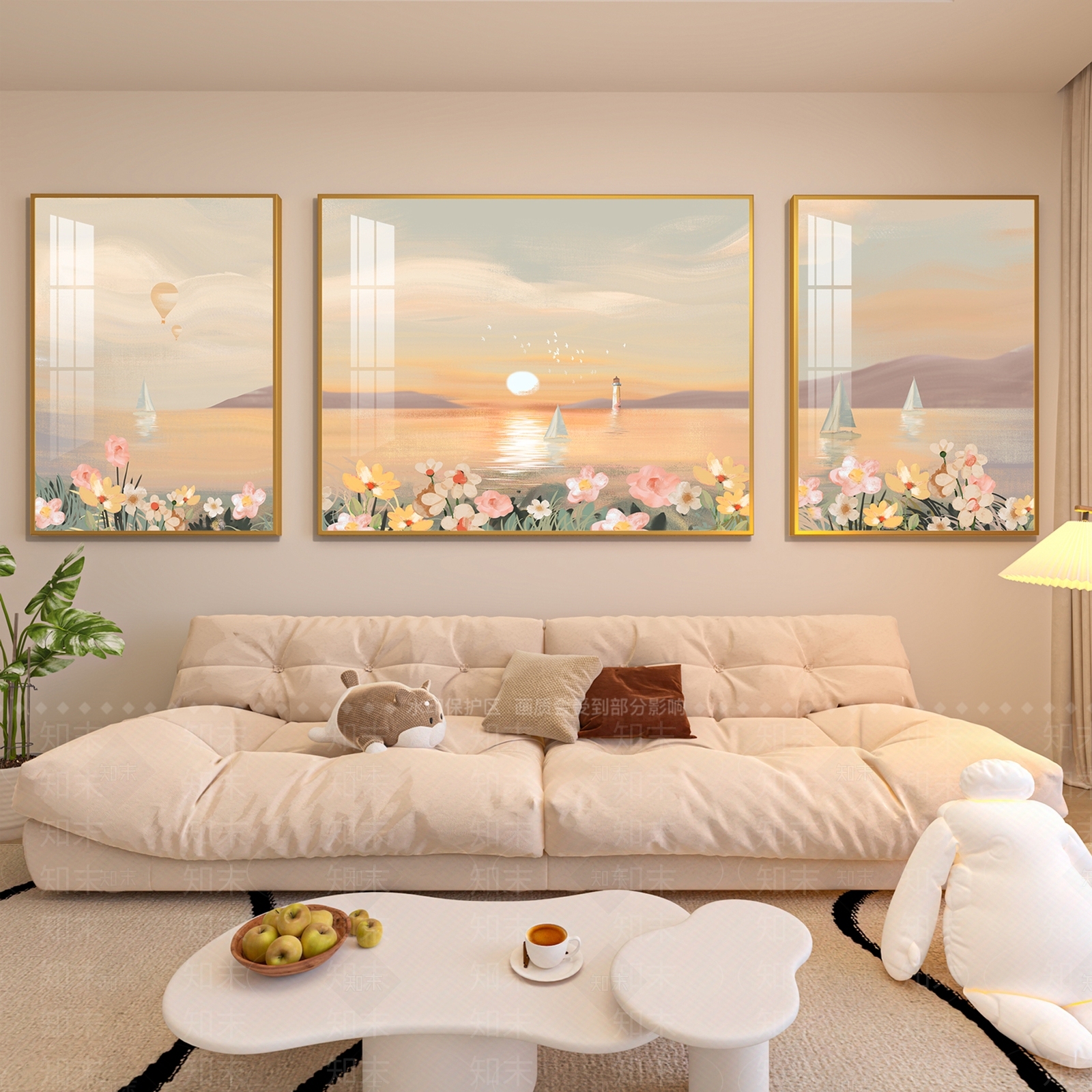 奶油风沙发客厅背景3D模型下载【ID:1149981019】