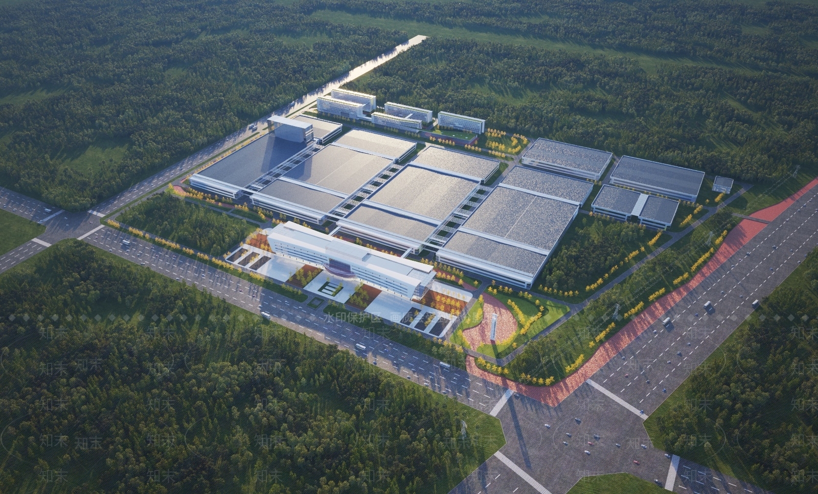 现场厂房办公建筑鸟瞰3D模型下载【ID:1149992808】