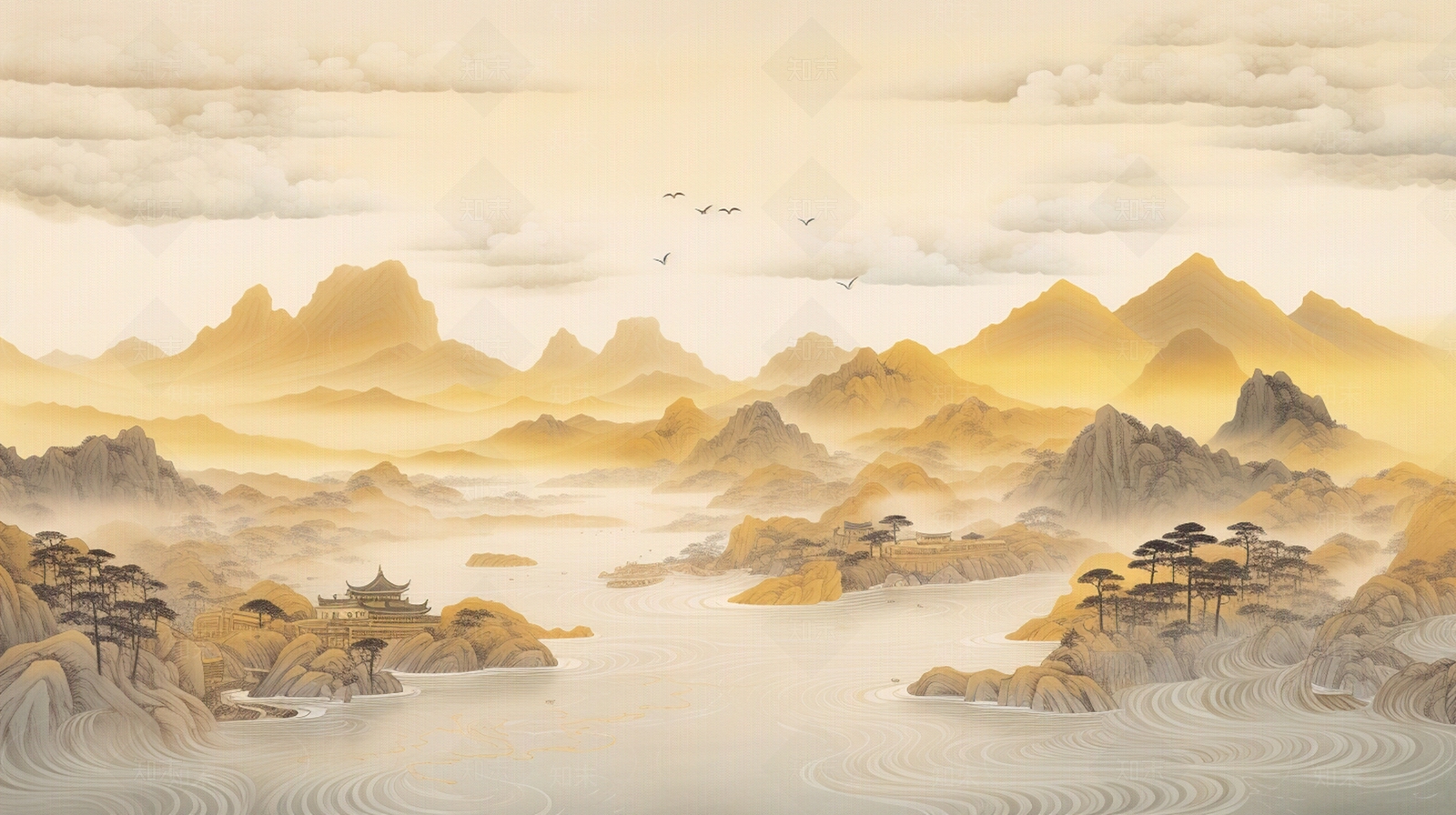 金色中式山水水墨画壁画贴图下载【ID:1150000636】