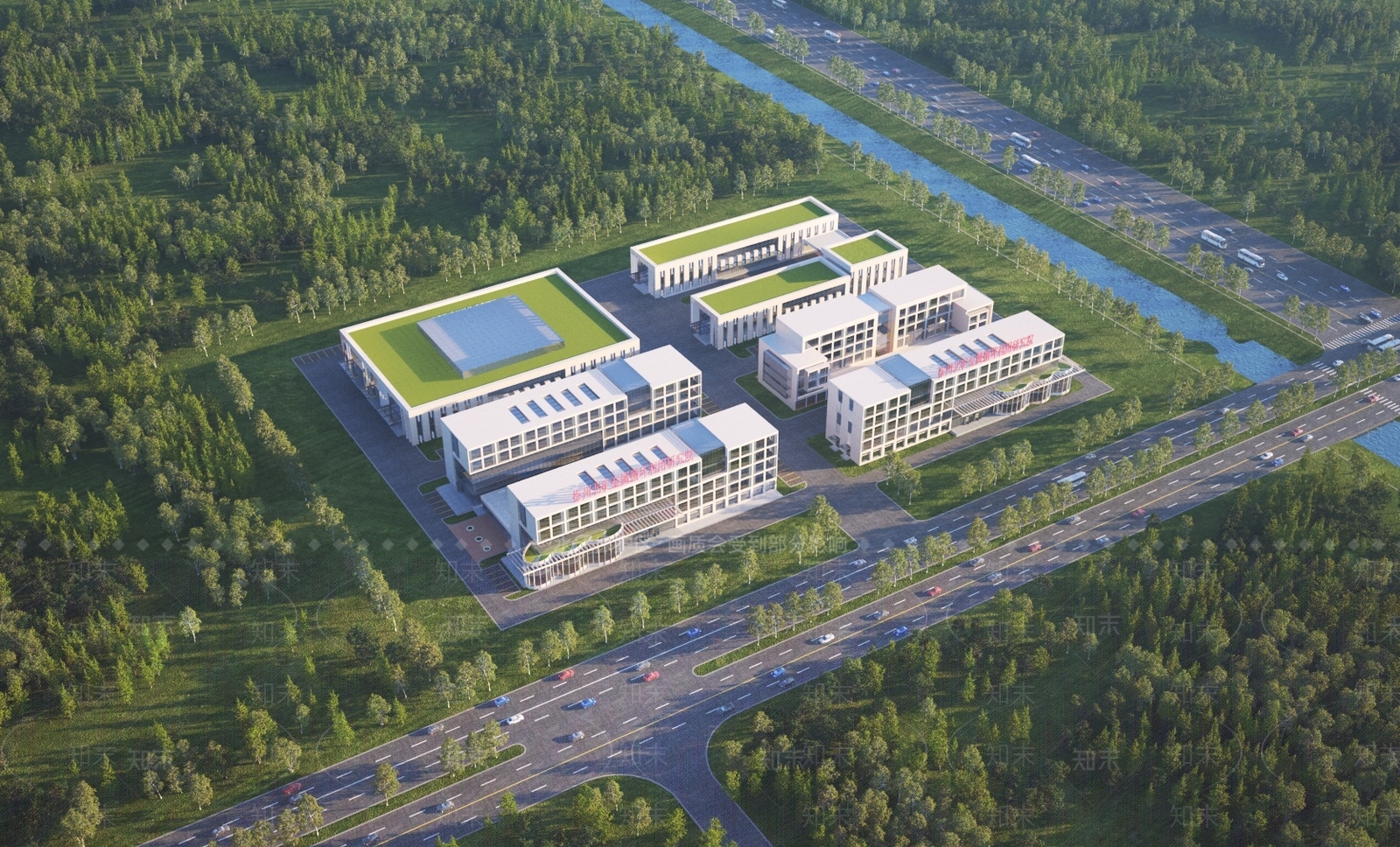 现代办公楼厂房建筑鸟瞰3D模型下载【ID:1150002562】
