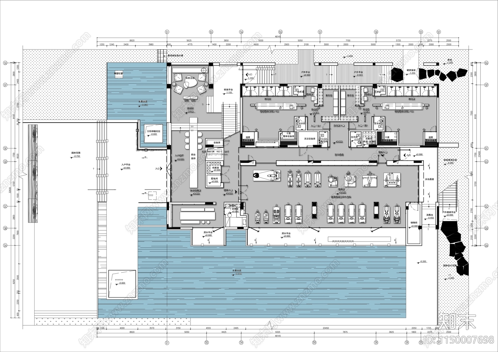 健身会所平面布置图cad施工图下载【ID:1150007698】