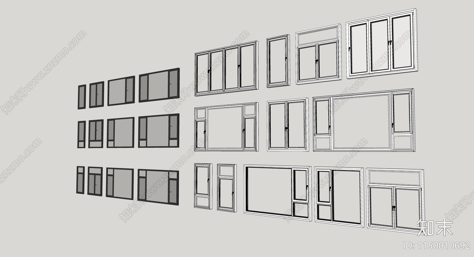 现代平开窗组合SU模型下载【ID:1150010692】