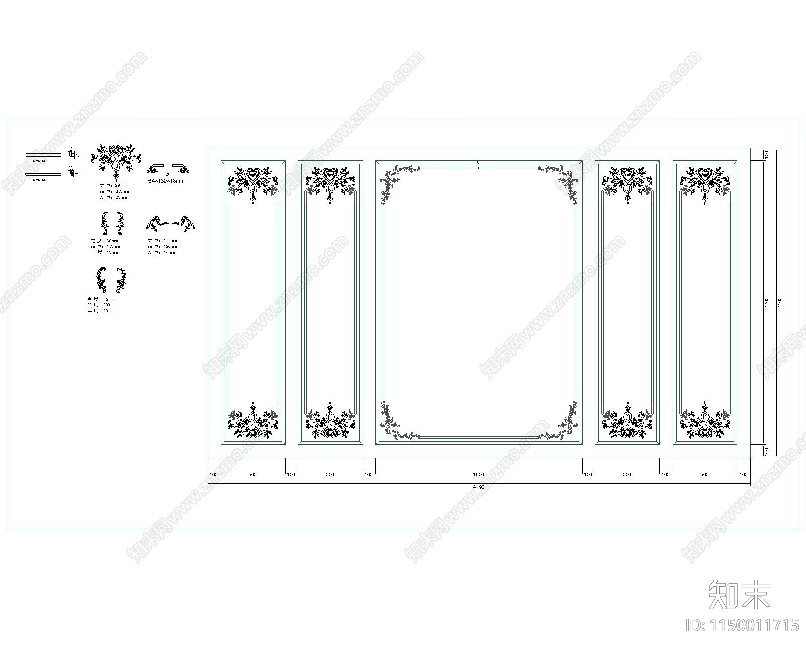 法式轻奢背景墙模块cad施工图下载【ID:1150011715】