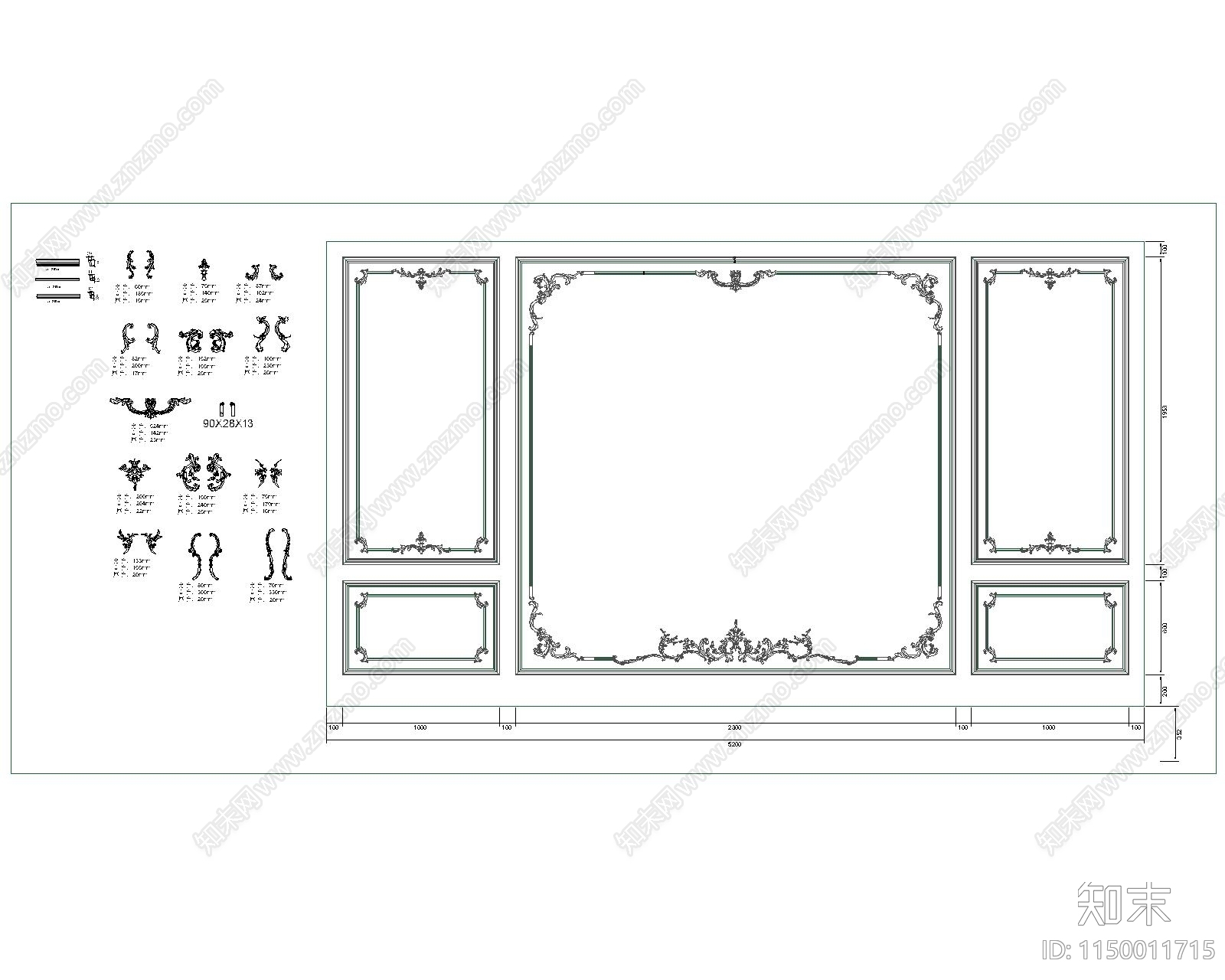 法式轻奢背景墙模块cad施工图下载【ID:1150011715】