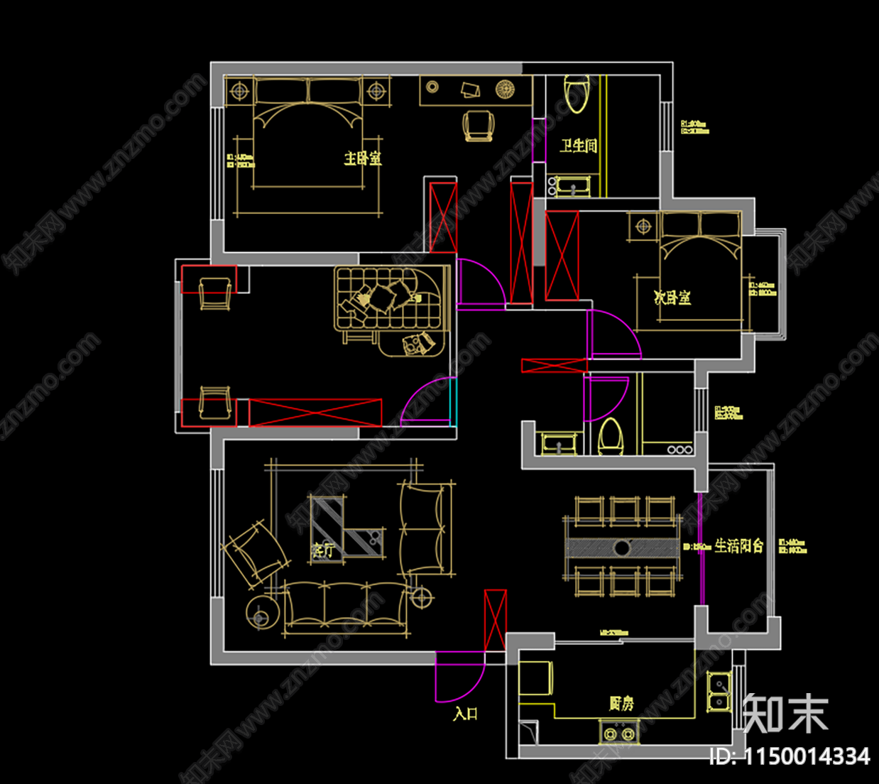 三室二厅二卫家装平面图cad施工图下载【ID:1150014334】