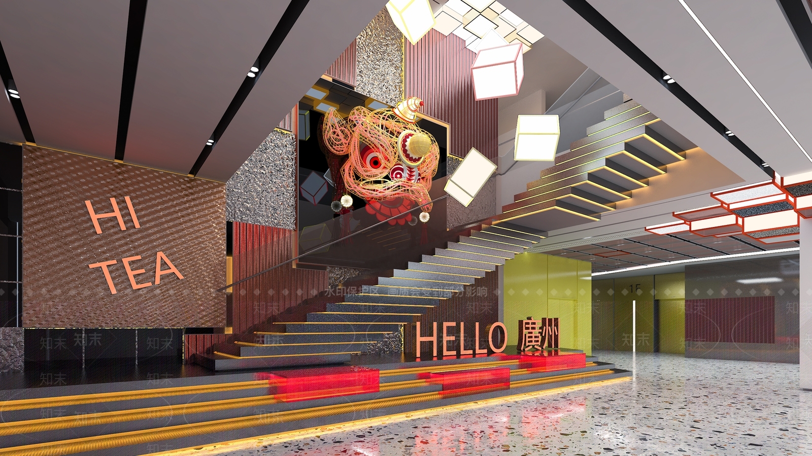 现代大厅3D模型渲染效果图