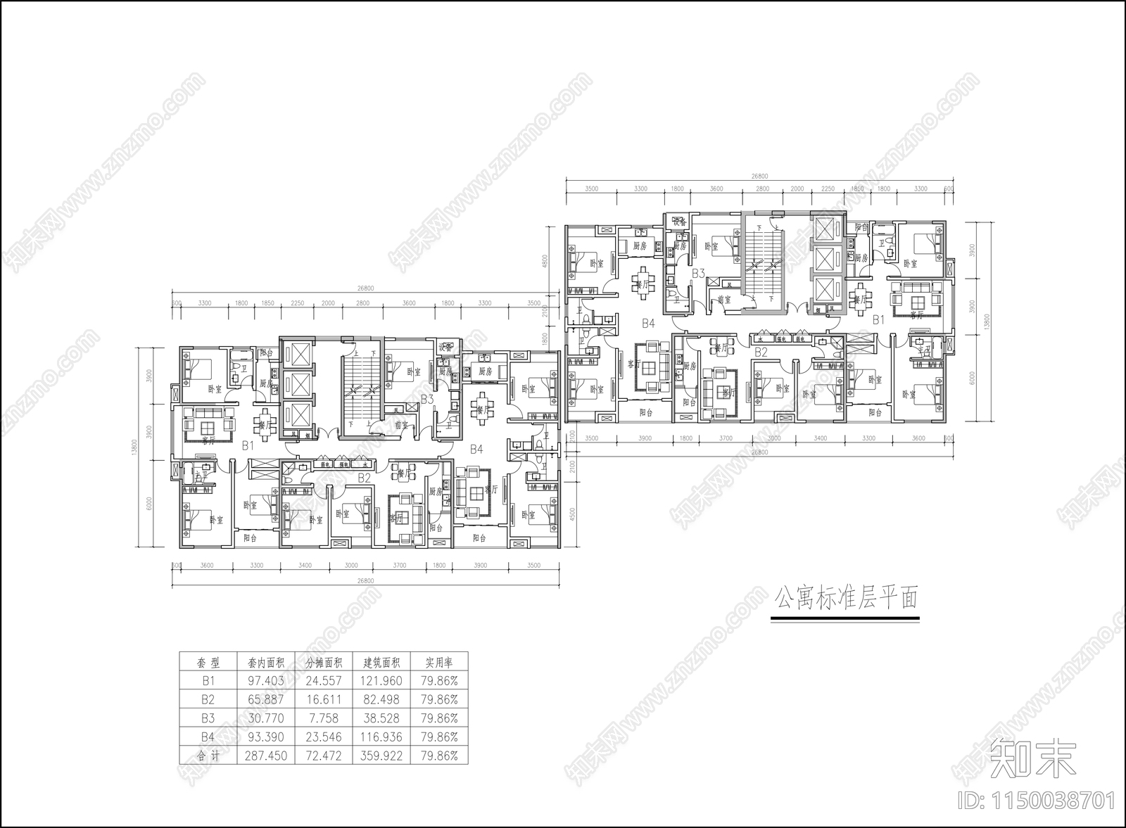 公寓标准层户型平面图施工图下载【ID:1150038701】