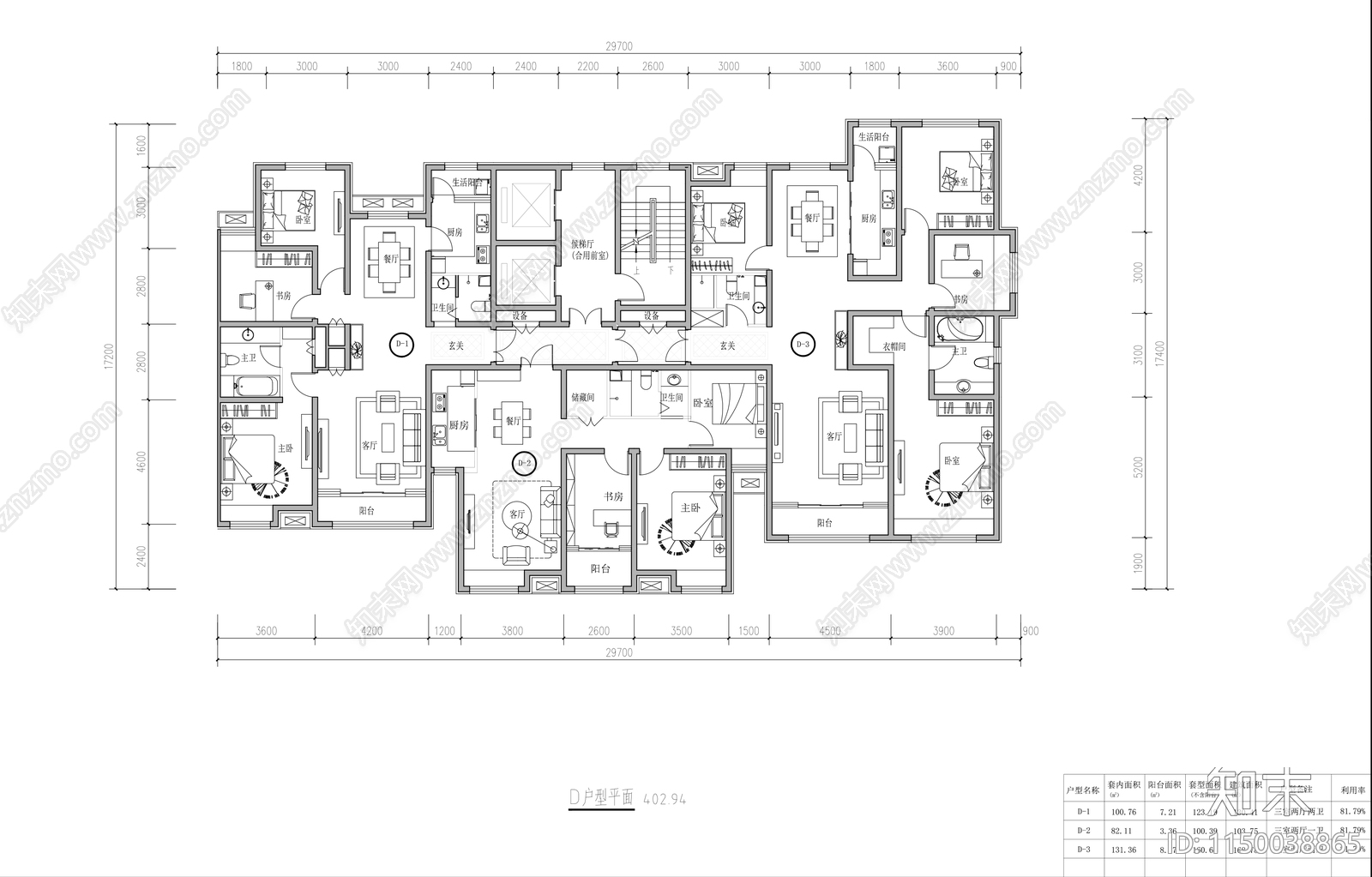 高层住宅家装平面图cad施工图下载【ID:1150038865】