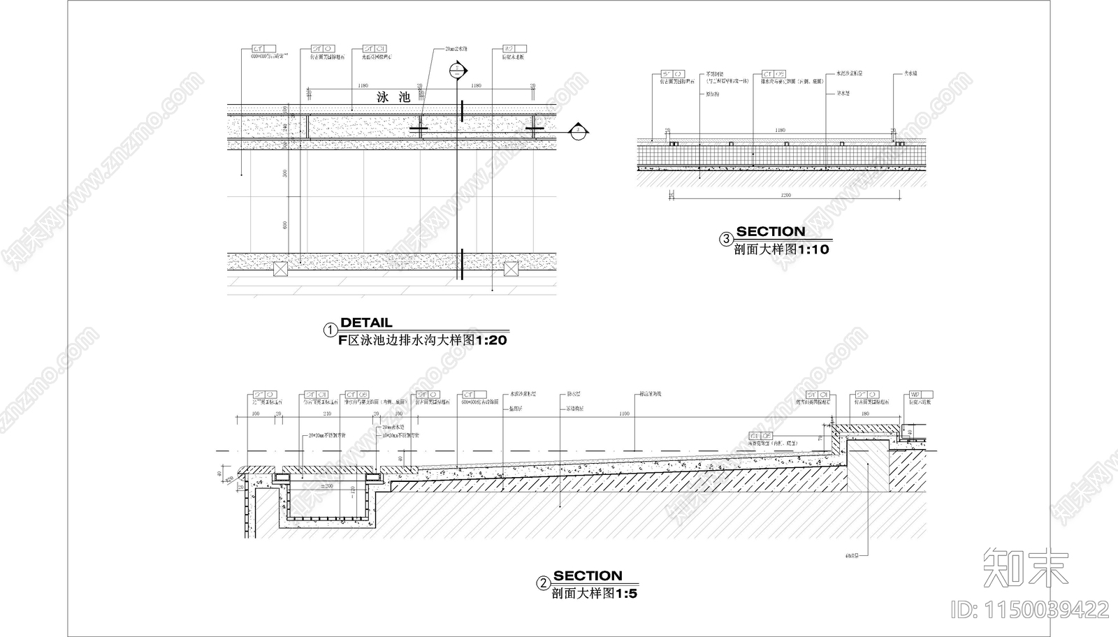 泳池边排水沟节点大样图cad施工图下载【ID:1150039422】