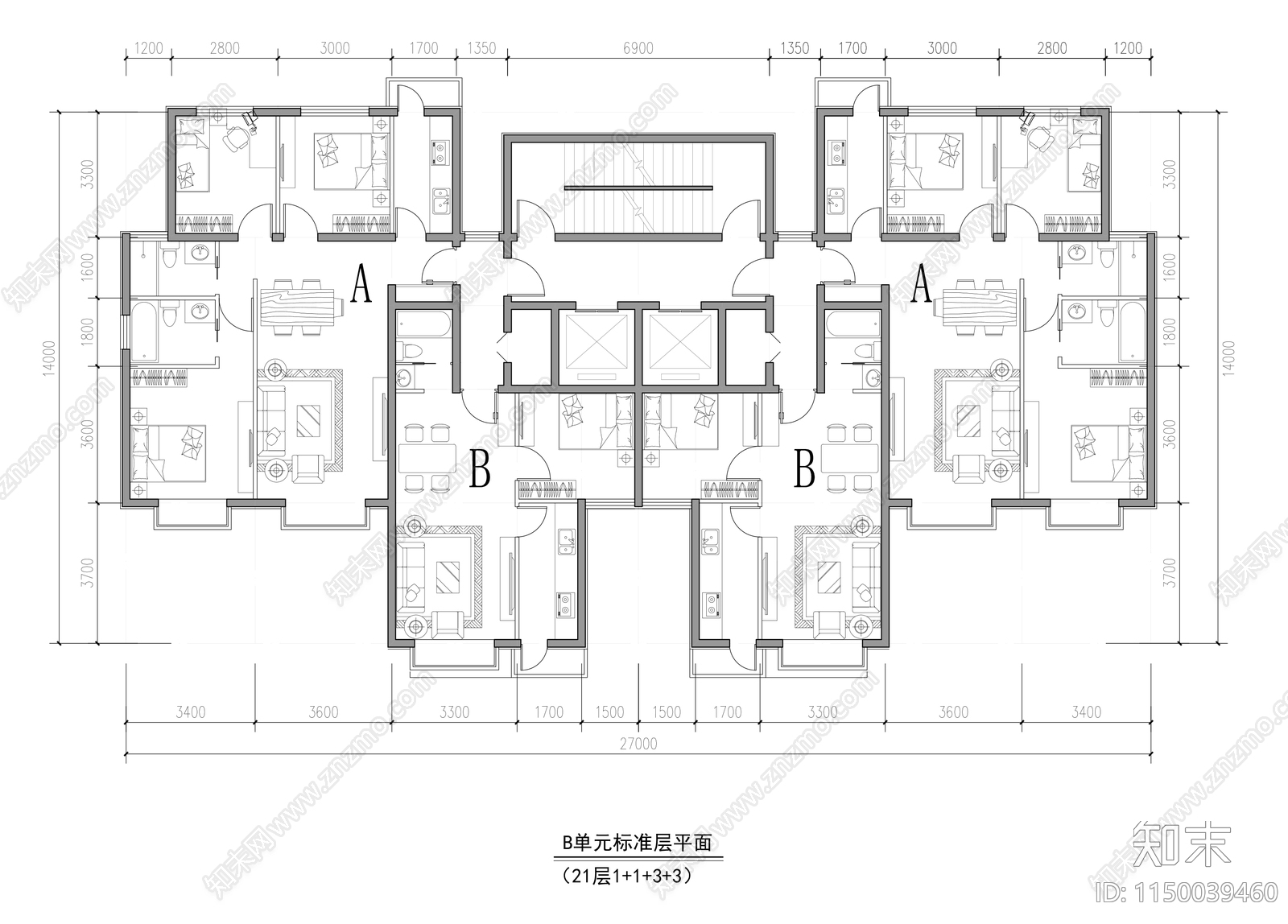 高层住宅家装平面图cad施工图下载【ID:1150039460】