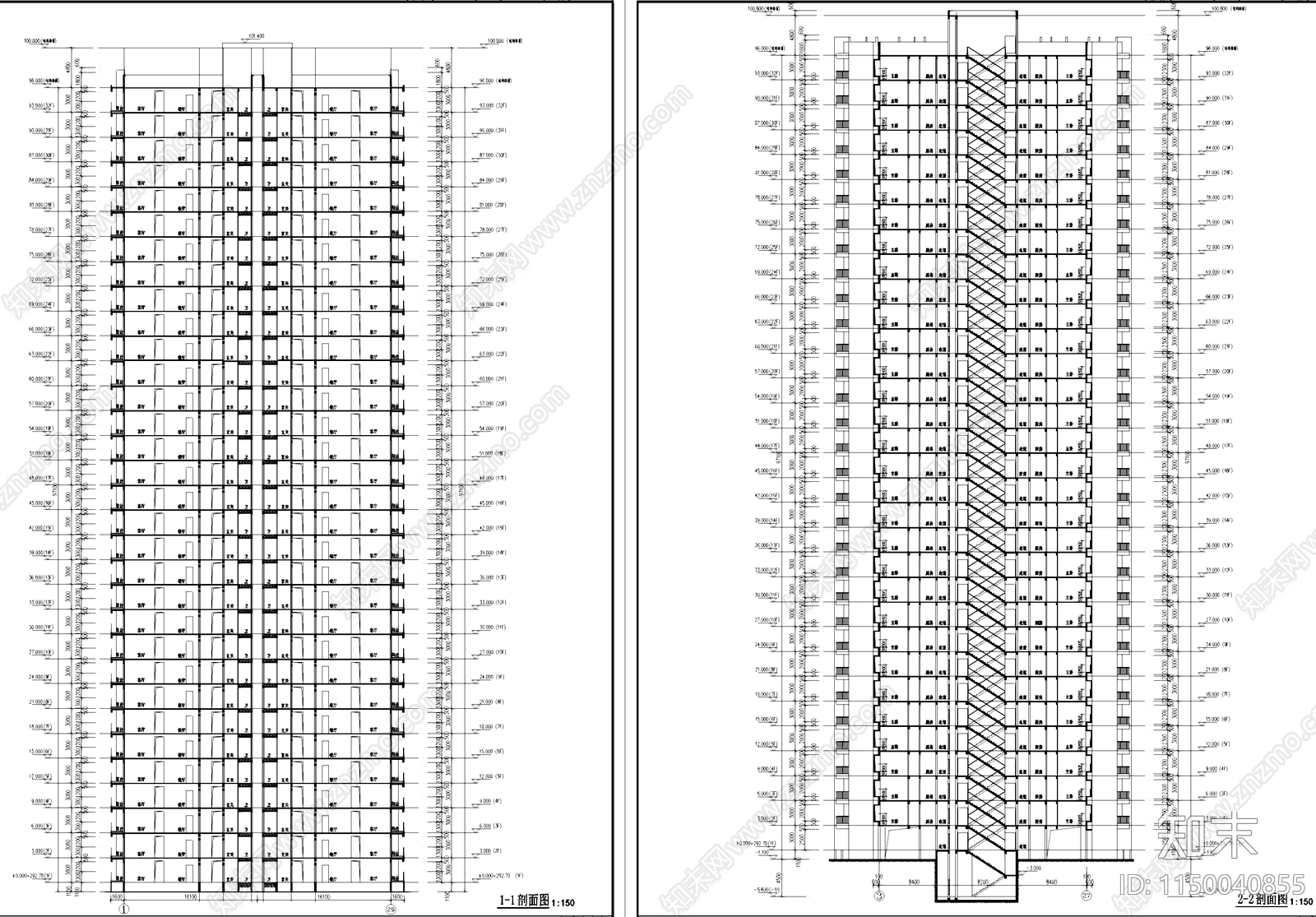 高层四梯十户中筒式住宅楼建筑cad施工图下载【ID:1150040855】