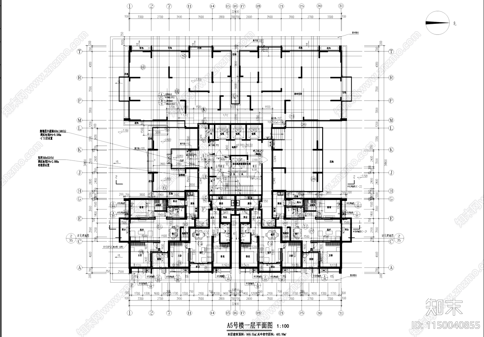 高层四梯十户中筒式住宅楼建筑cad施工图下载【ID:1150040855】