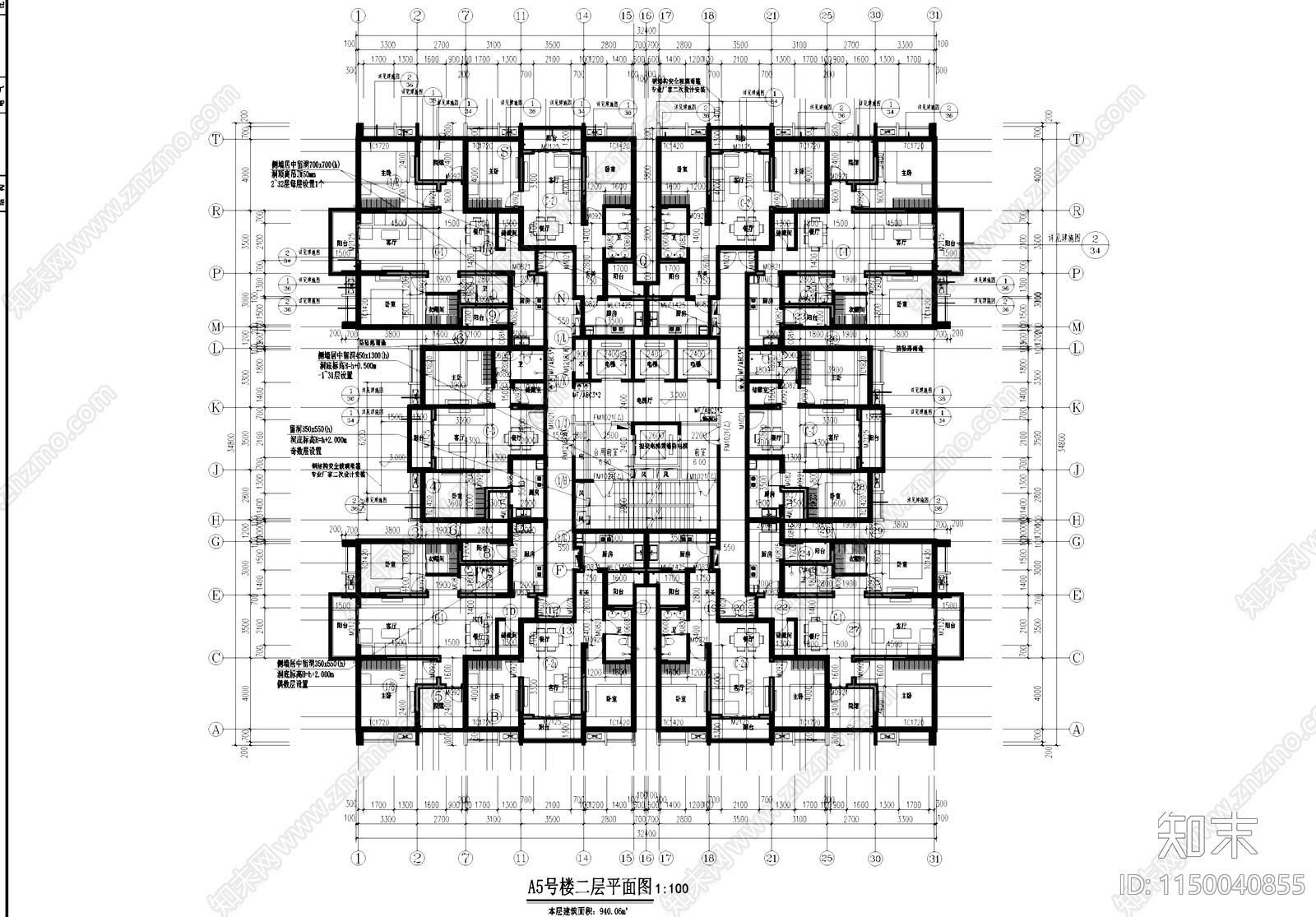 高层四梯十户中筒式住宅楼建筑cad施工图下载【ID:1150040855】