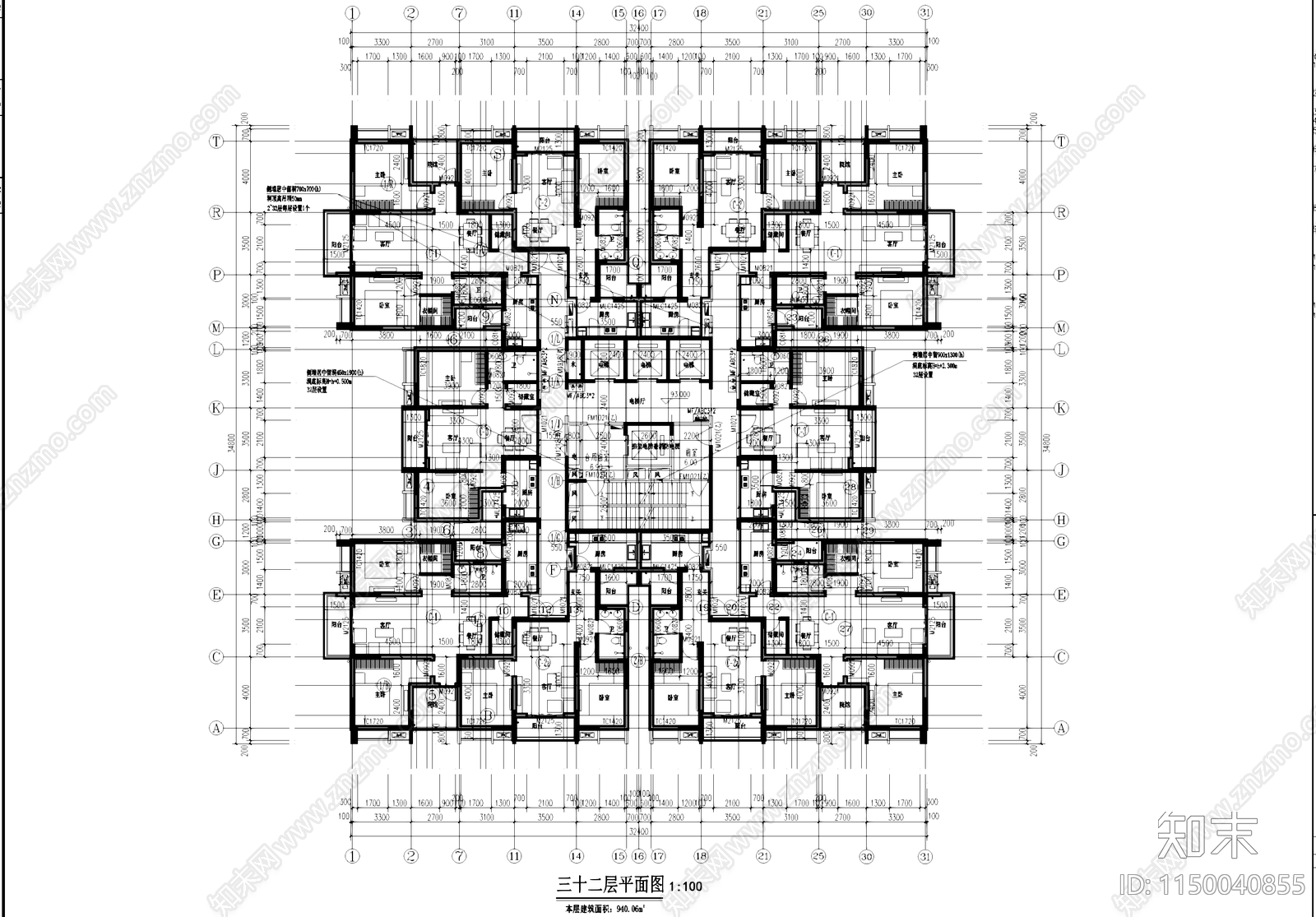 高层四梯十户中筒式住宅楼建筑cad施工图下载【ID:1150040855】