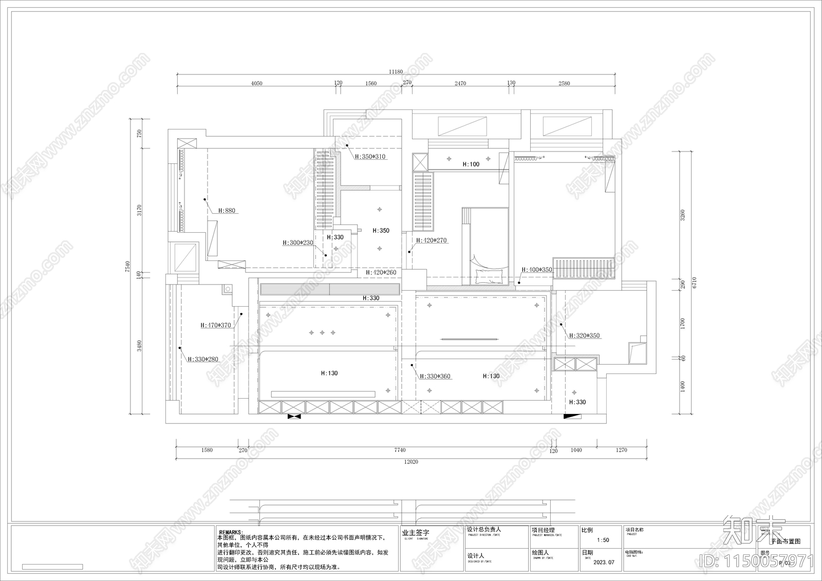 80㎡三房家装平层室内cad施工图下载【ID:1150057971】