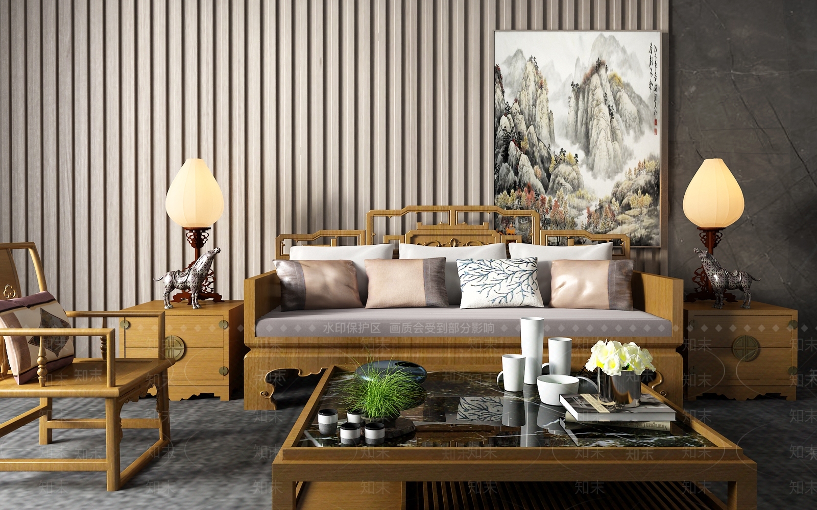 中式实木沙发茶几组合3D模型下载【ID:1150222320】