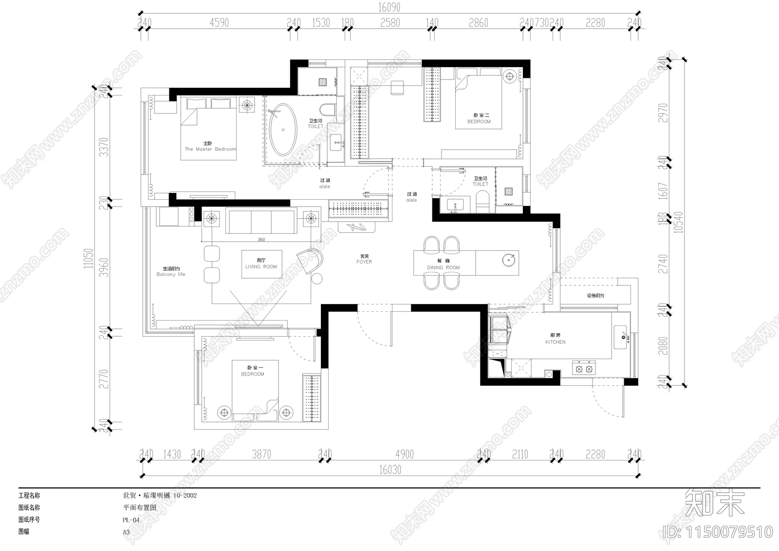 平层室内cad施工图下载【ID:1150079510】