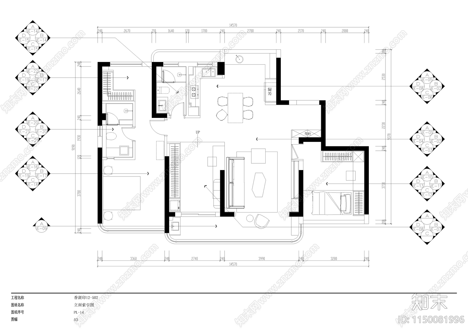 现代简约二居室室内cad施工图下载【ID:1150081996】