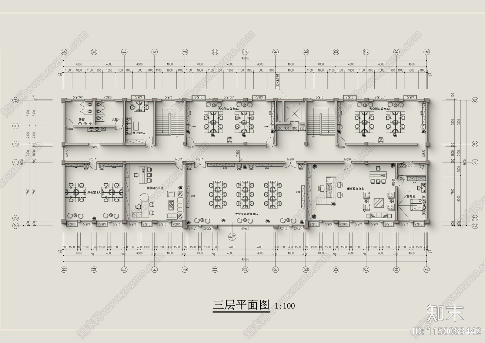 三层办公楼建筑平面图施工图下载【ID:1150083442】