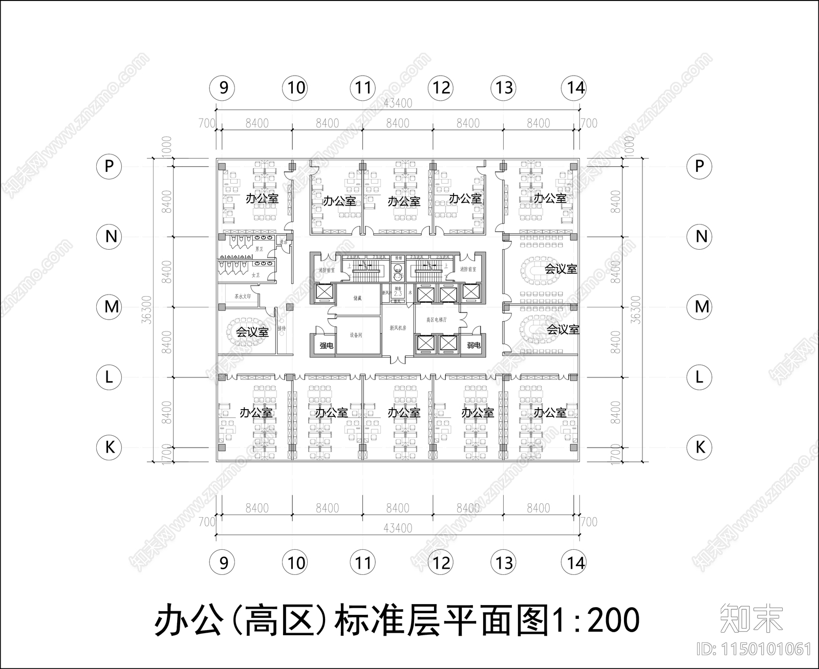 公共类标准层建筑平面图施工图下载【ID:1150101061】