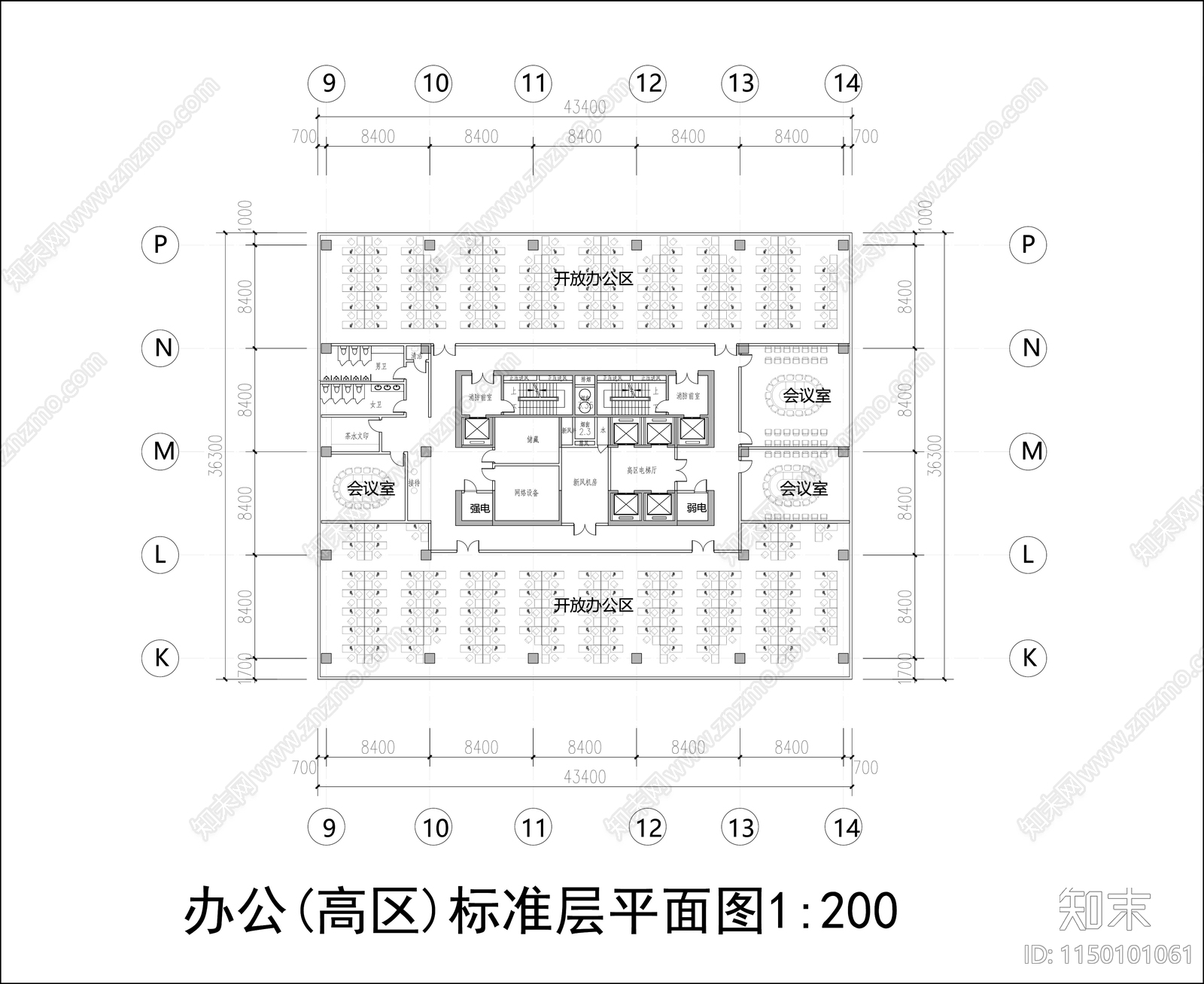 公共类标准层建筑平面图施工图下载【ID:1150101061】