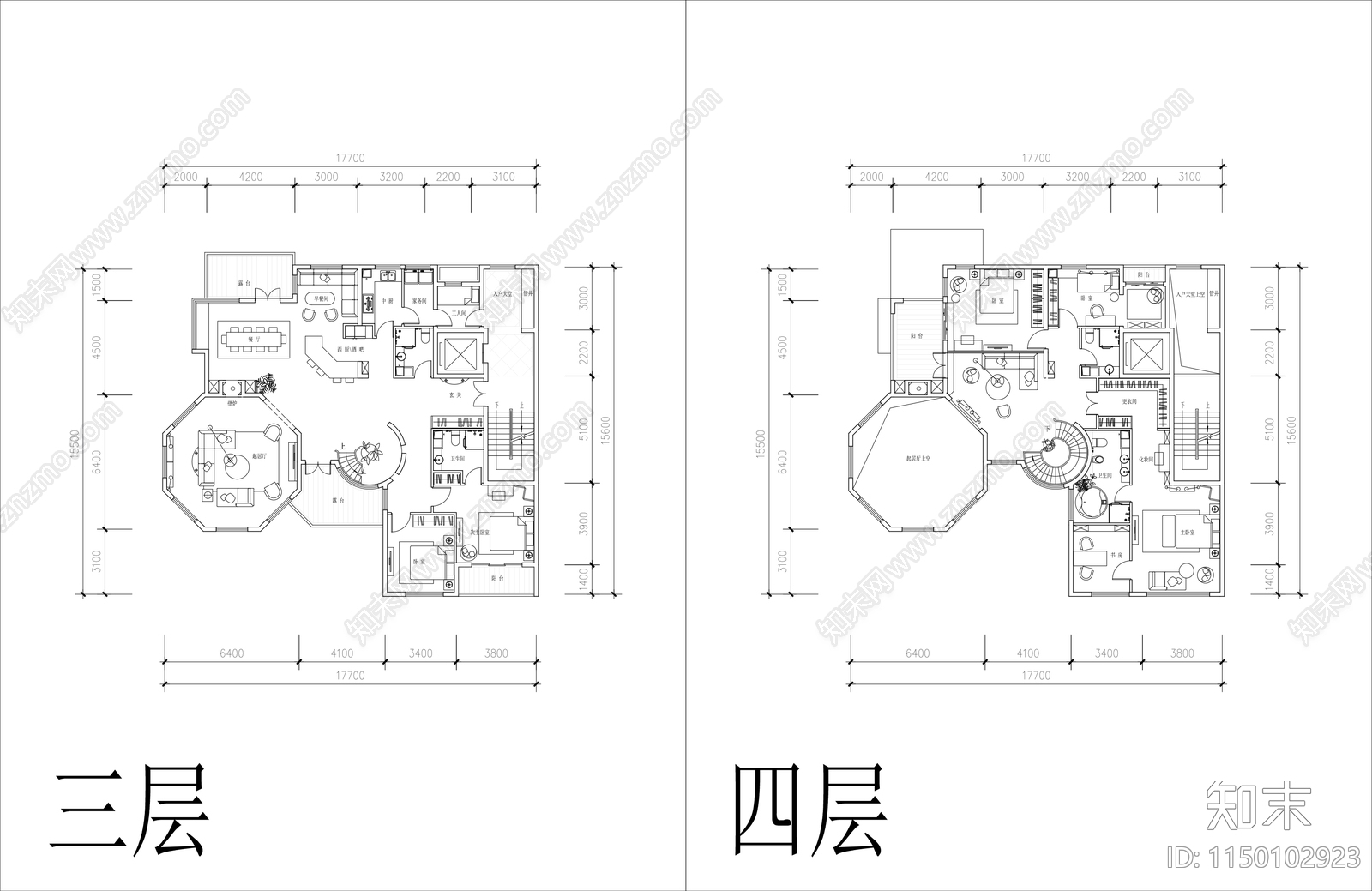 叠拼别墅户型cad施工图下载【ID:1150102923】