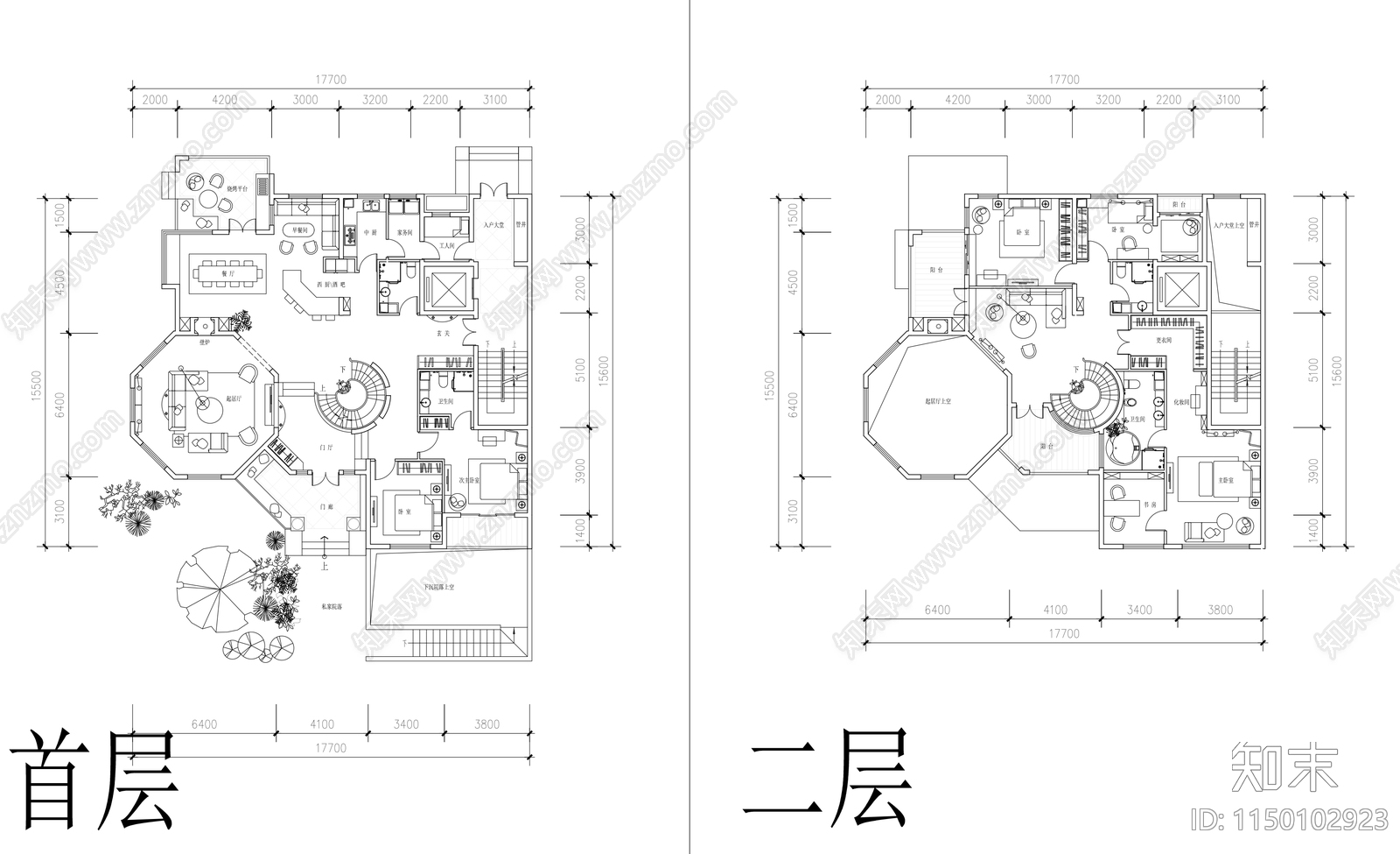 叠拼别墅户型cad施工图下载【ID:1150102923】