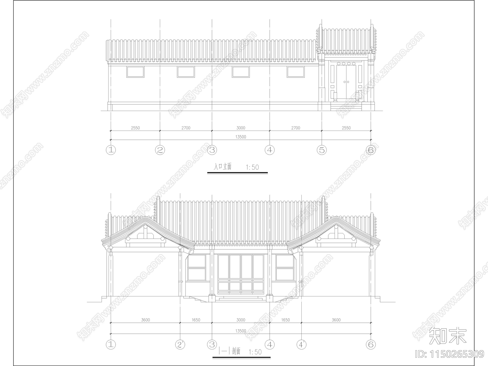 中式四合院住宅建筑平立面图纸cad施工图下载【ID:1150265309】