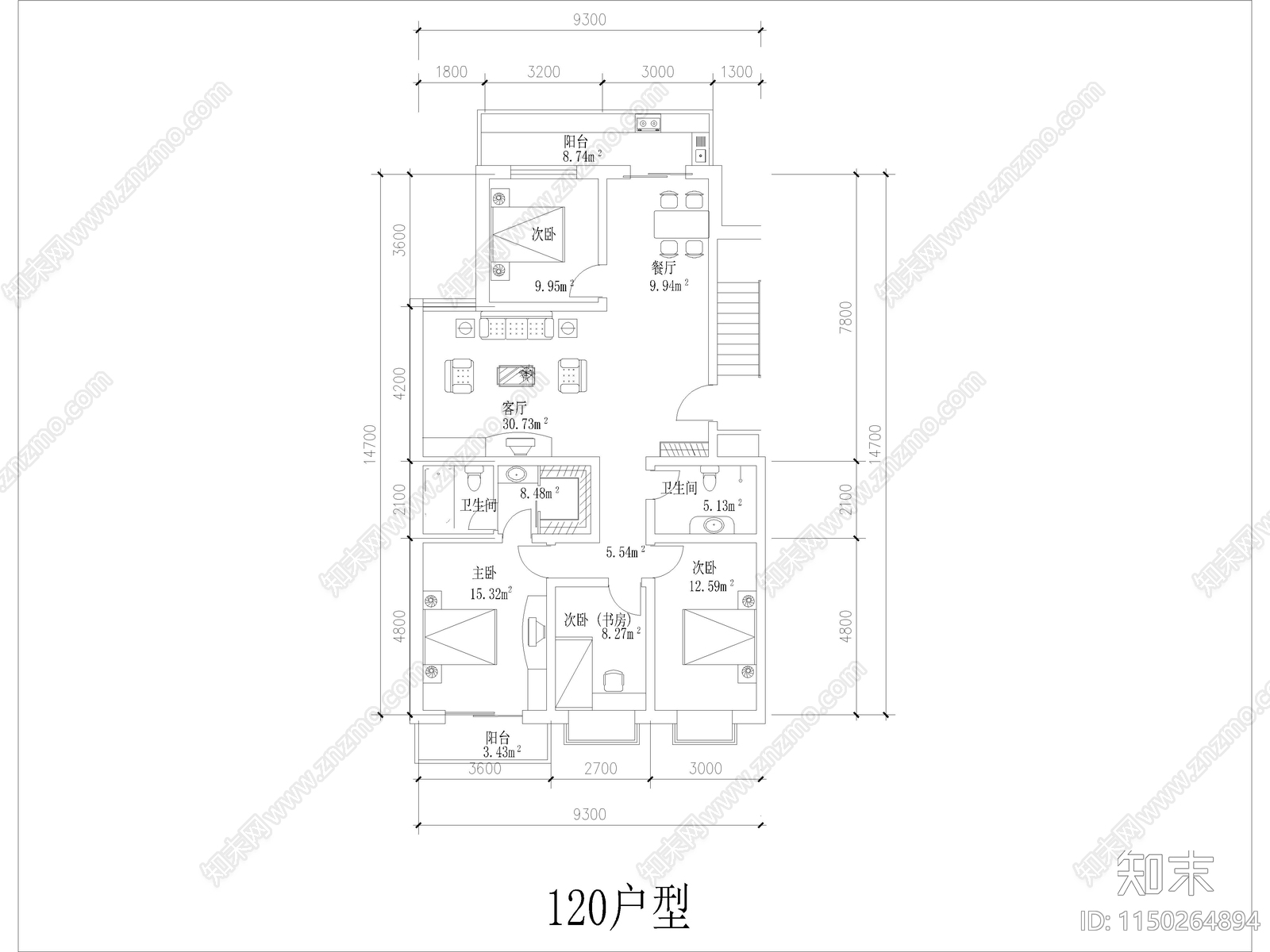 现代住宅户型图大全cad施工图下载【ID:1150264894】