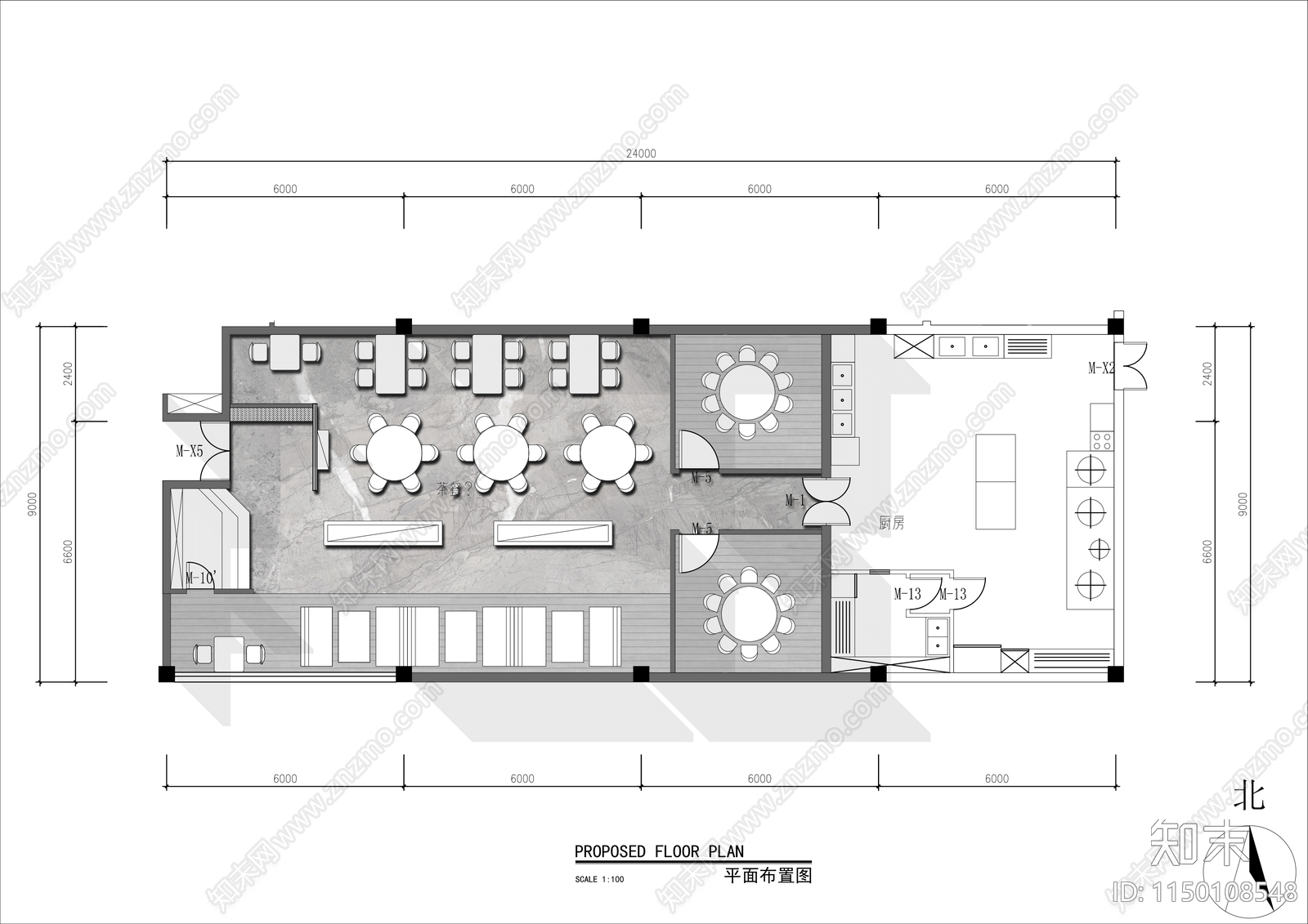 200㎡茶餐厅平面布置图cad施工图下载【ID:1150108548】