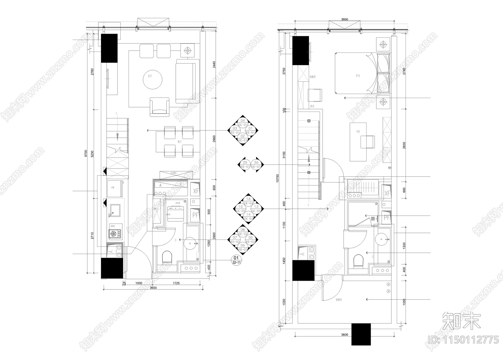 13套公寓办公民宿室内cad施工图下载【ID:1150112775】