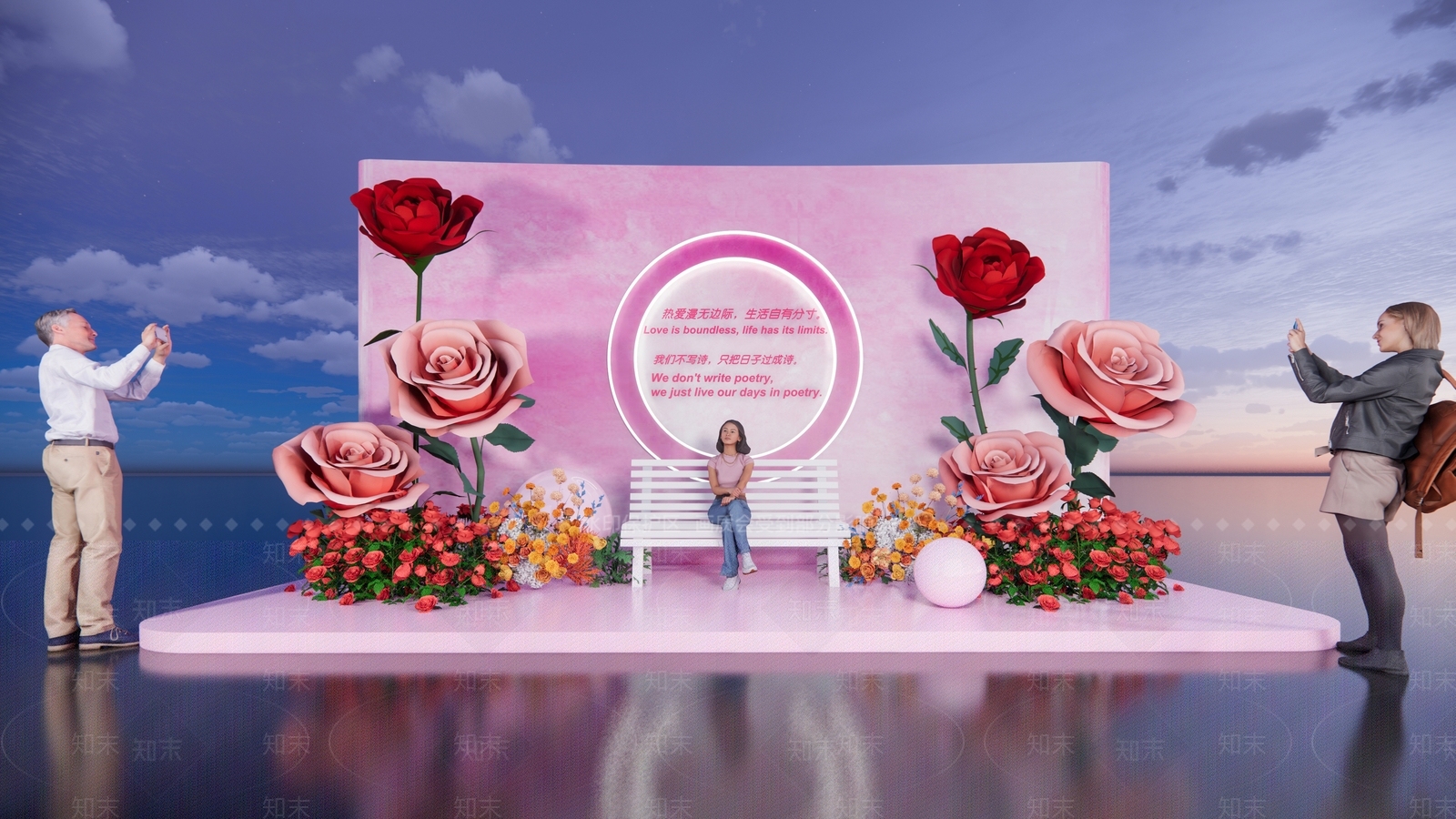 现代网红玫瑰花互动拍照打卡美陈SU模型下载【ID:1150115768】