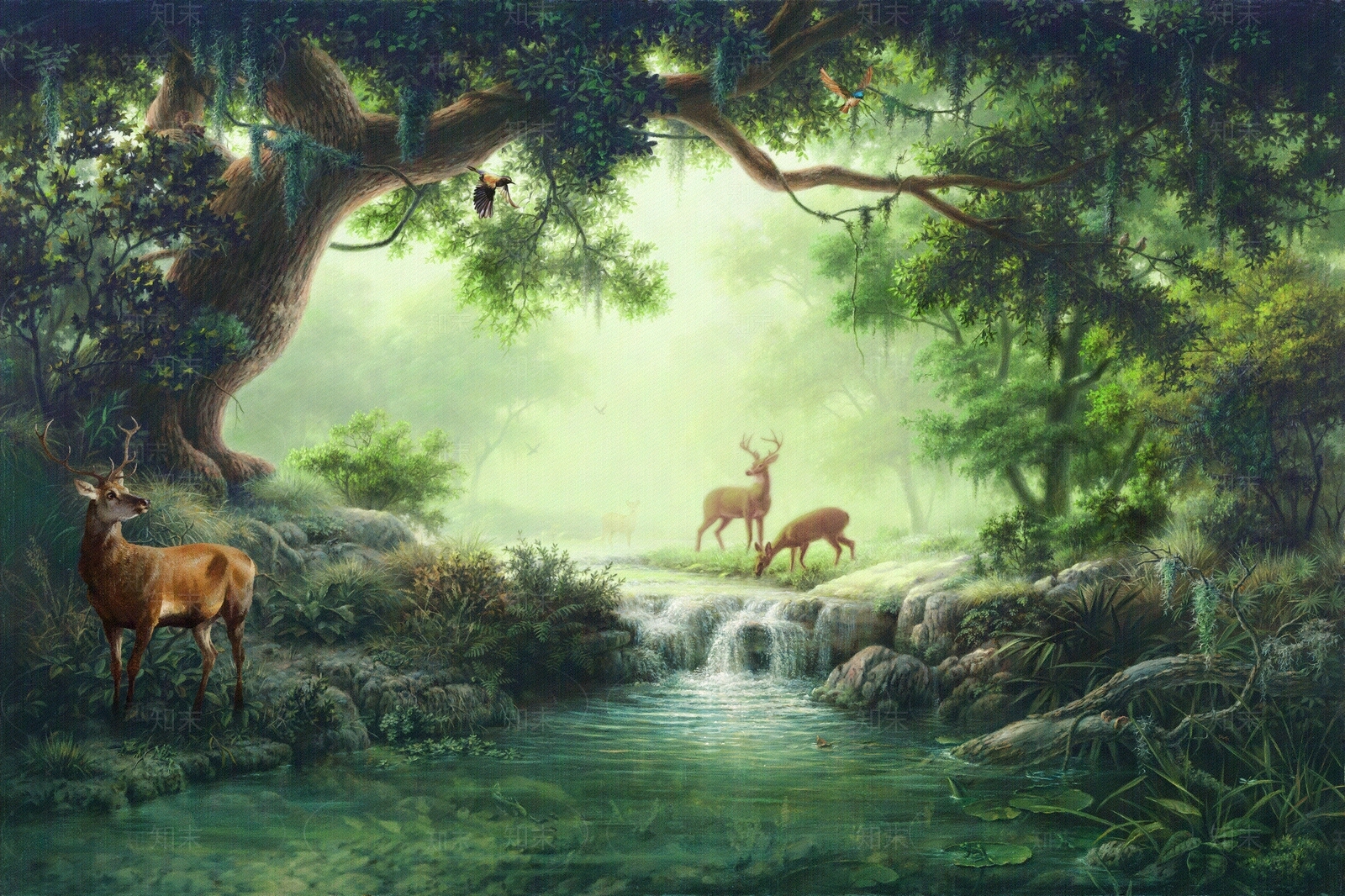 北欧动物绿植横幅壁纸壁画贴图下载【ID:1150146679】