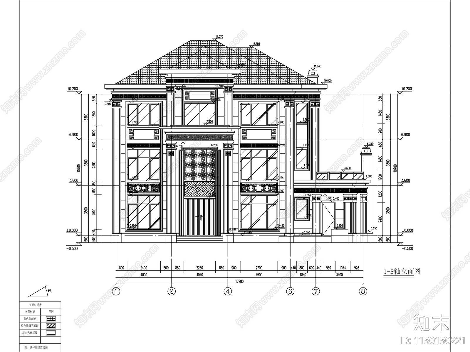 新中式三层独栋别墅建筑cad施工图下载【ID:1150150221】