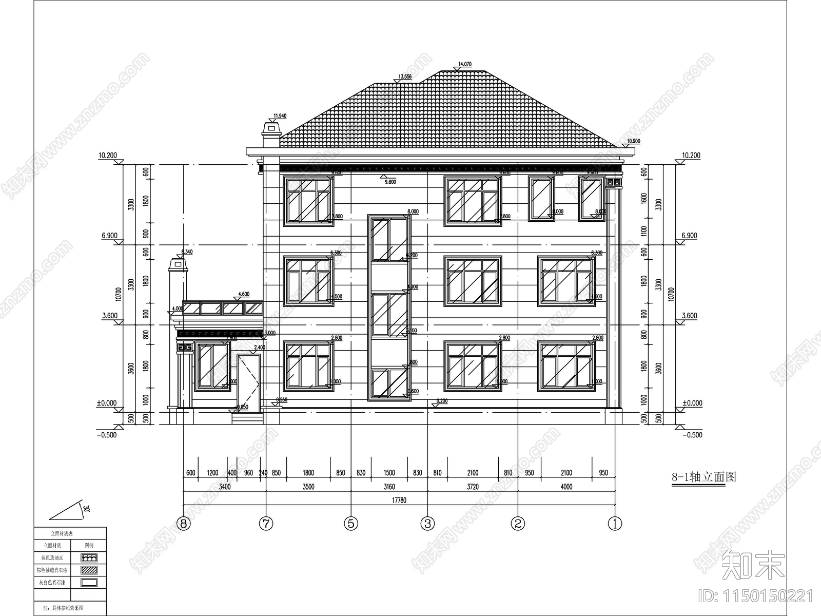 新中式三层独栋别墅建筑cad施工图下载【ID:1150150221】